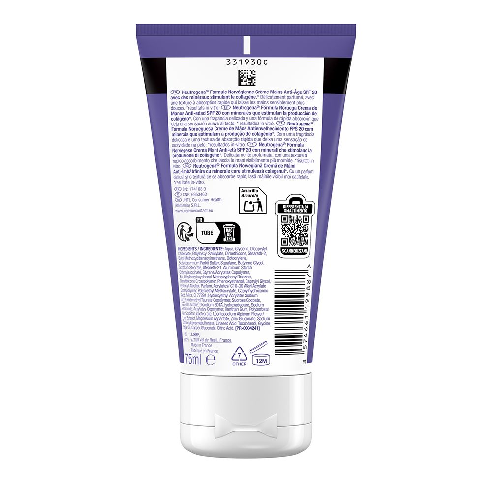 Rückseite der Neutrogena Anti-Age Handcreme Tube. Text in mehreren Sprachen. Inhaltsstoffe und QR-Code.