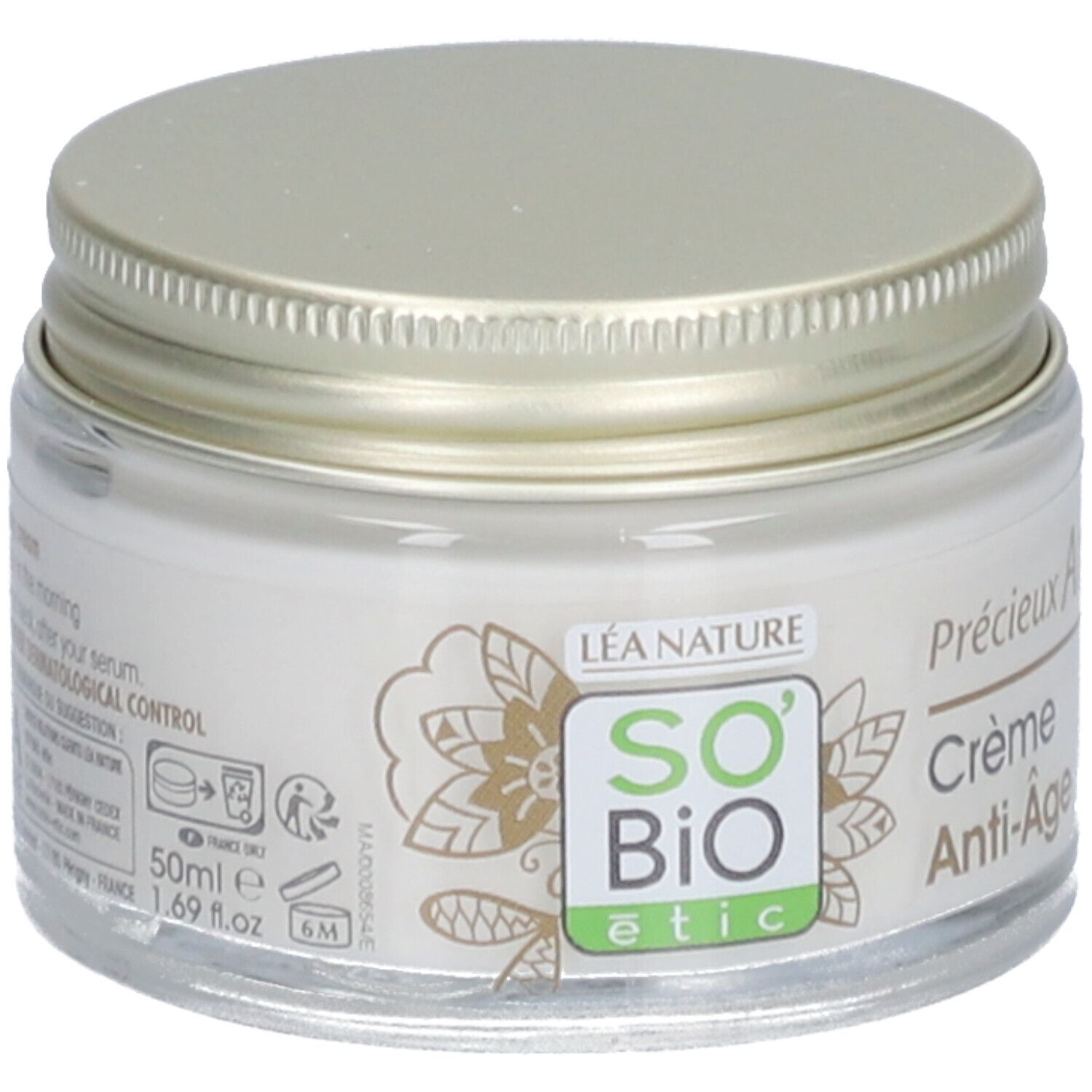 Creme-Glas mit goldfarbenem Deckel. Aufschrift: SO'BiO étic, Précieux Argan Crème Anti-Âge. 50ml.