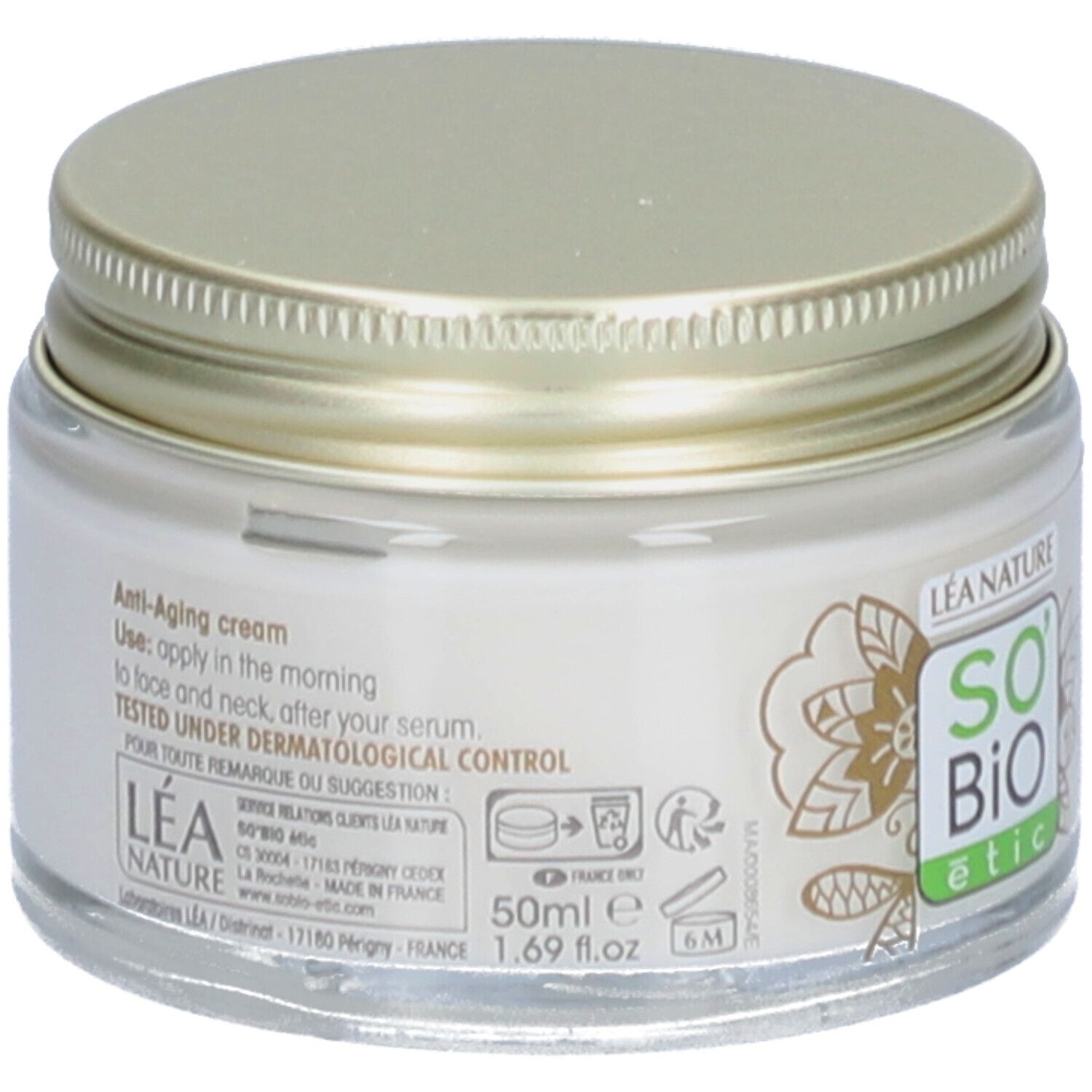 Creme-Glas mit goldfarbenem Deckel. Aufschrift: Anti-Aging cream. Getestet unter dermatologischer Kontrolle. SO'BiO étic.