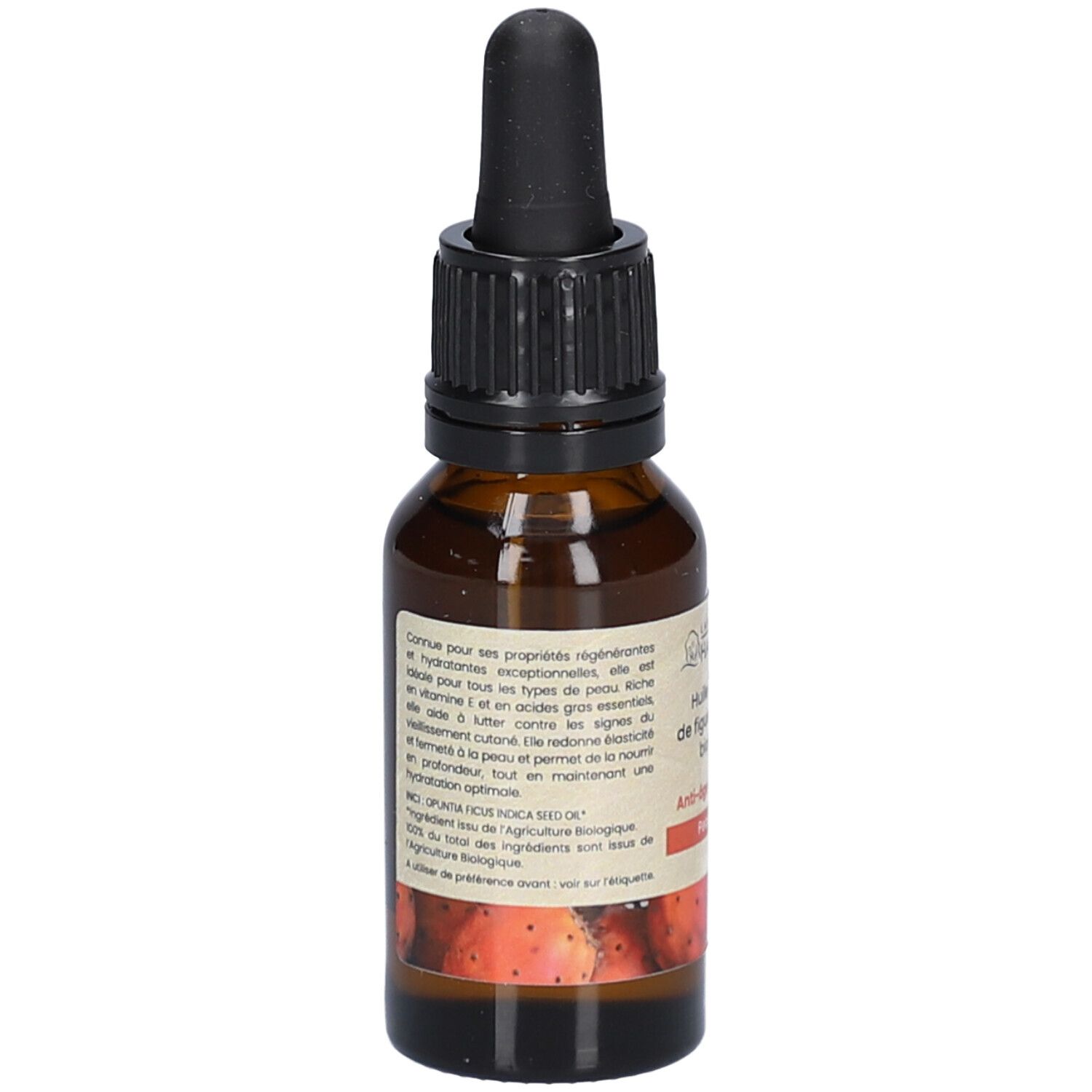 Braune Glasflasche mit schwarzem Tropfer. Etikett mit Text. Produktinformationen und Logo. 20 ml.