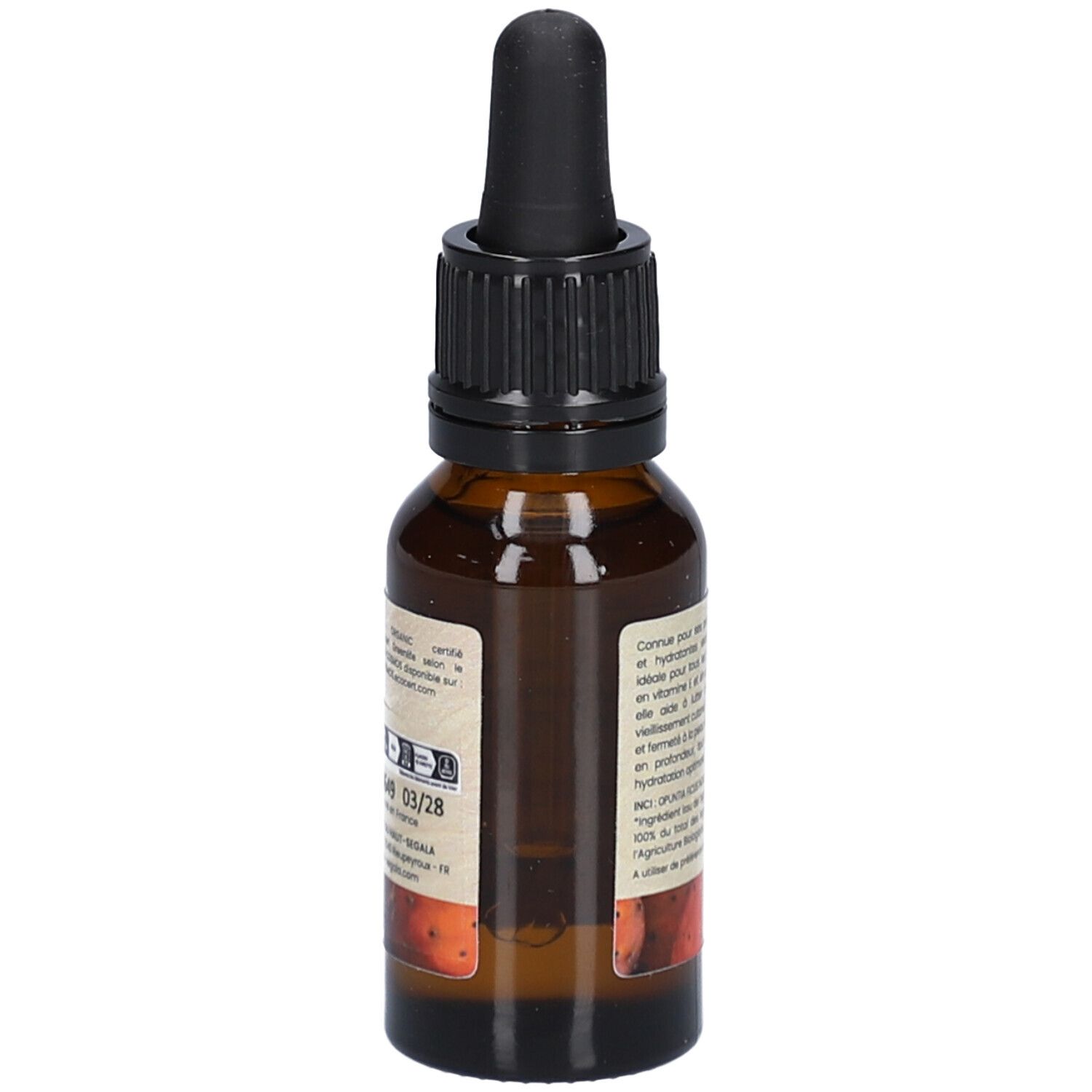 Braune Glasflasche mit schwarzem Tropfer. Etikett mit Text. Produktinformationen und Logo. 20 ml.