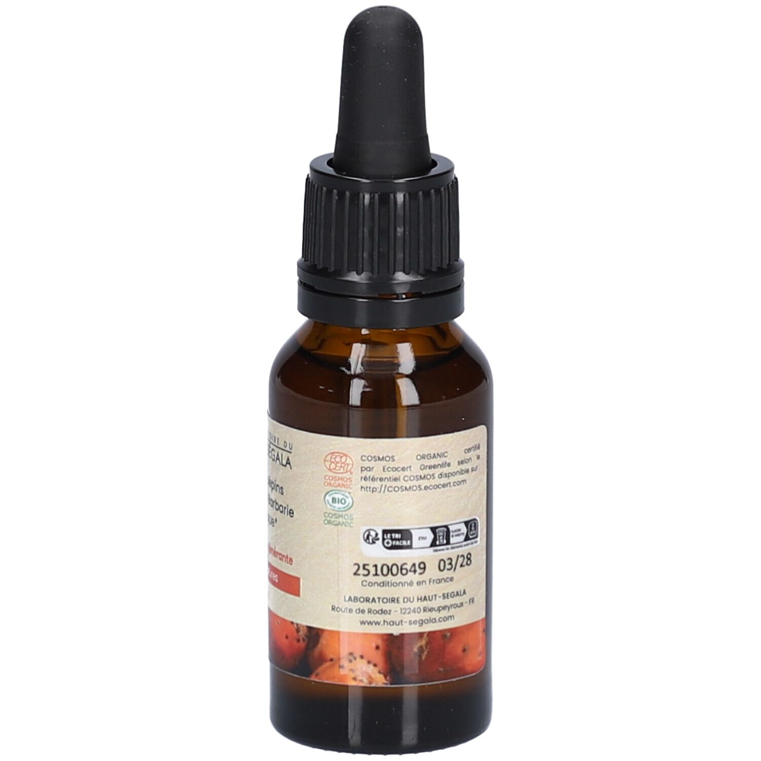 Braune Glasflasche mit schwarzem Tropfer. Etikett mit Text. Produktinformationen und Logo. 20 ml. Haltbarkeitsdatum.