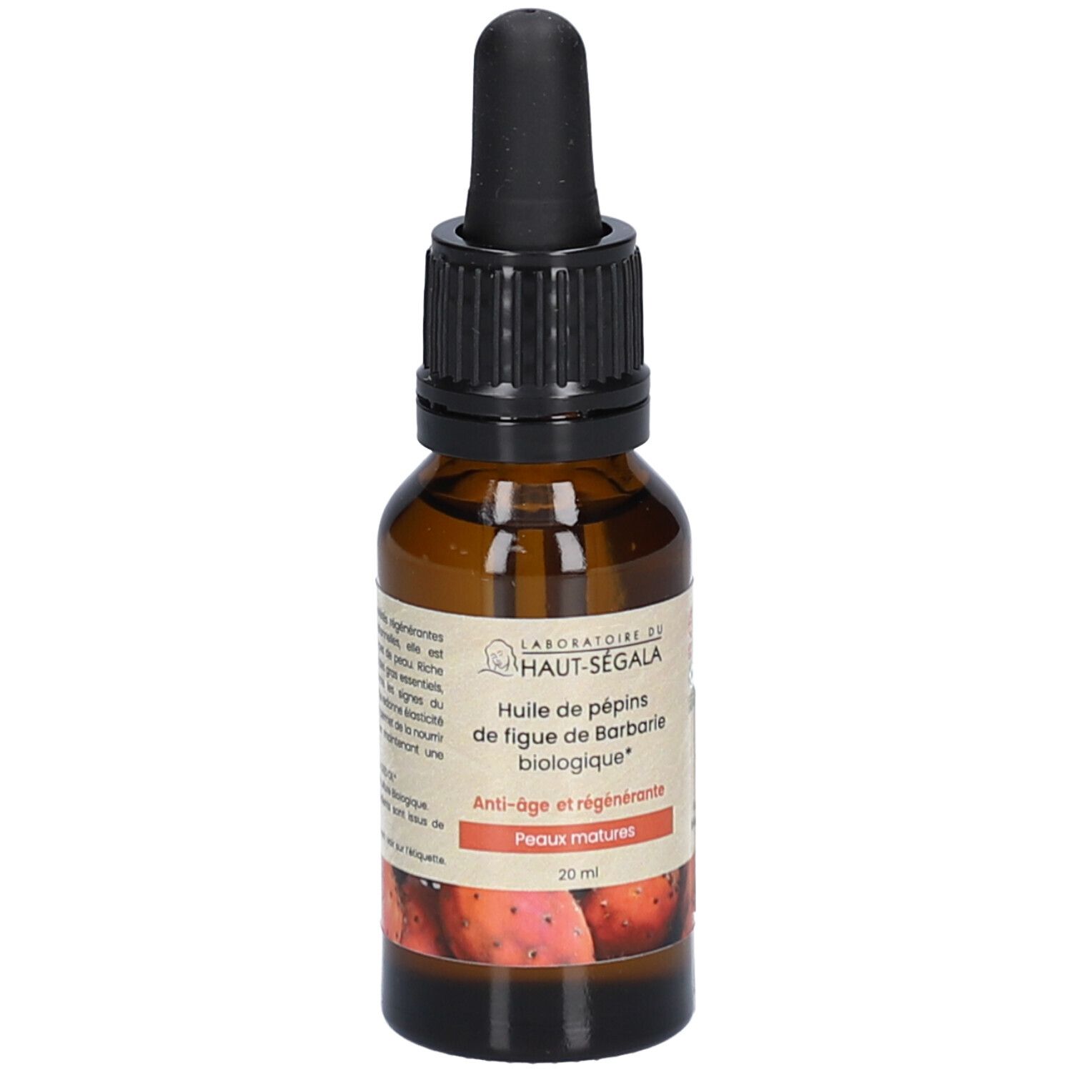 Braune Glasflasche mit schwarzem Tropfer. Etikett mit Text. Produktinformationen und Logo. 20 ml.