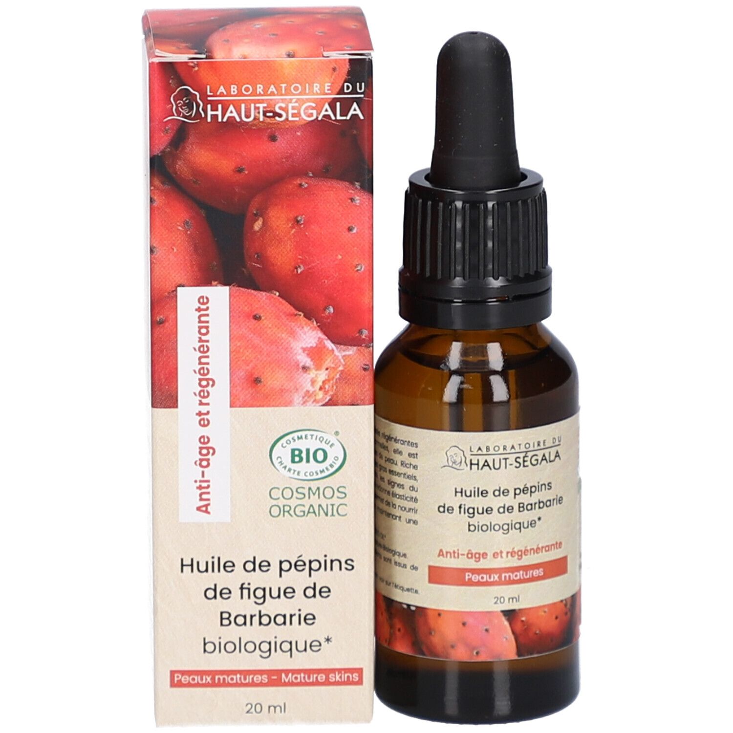 Produktflasche und Verpackung. Braune Flasche mit schwarzem Tropfer. Verpackung mit Logo und Text. 20 ml.