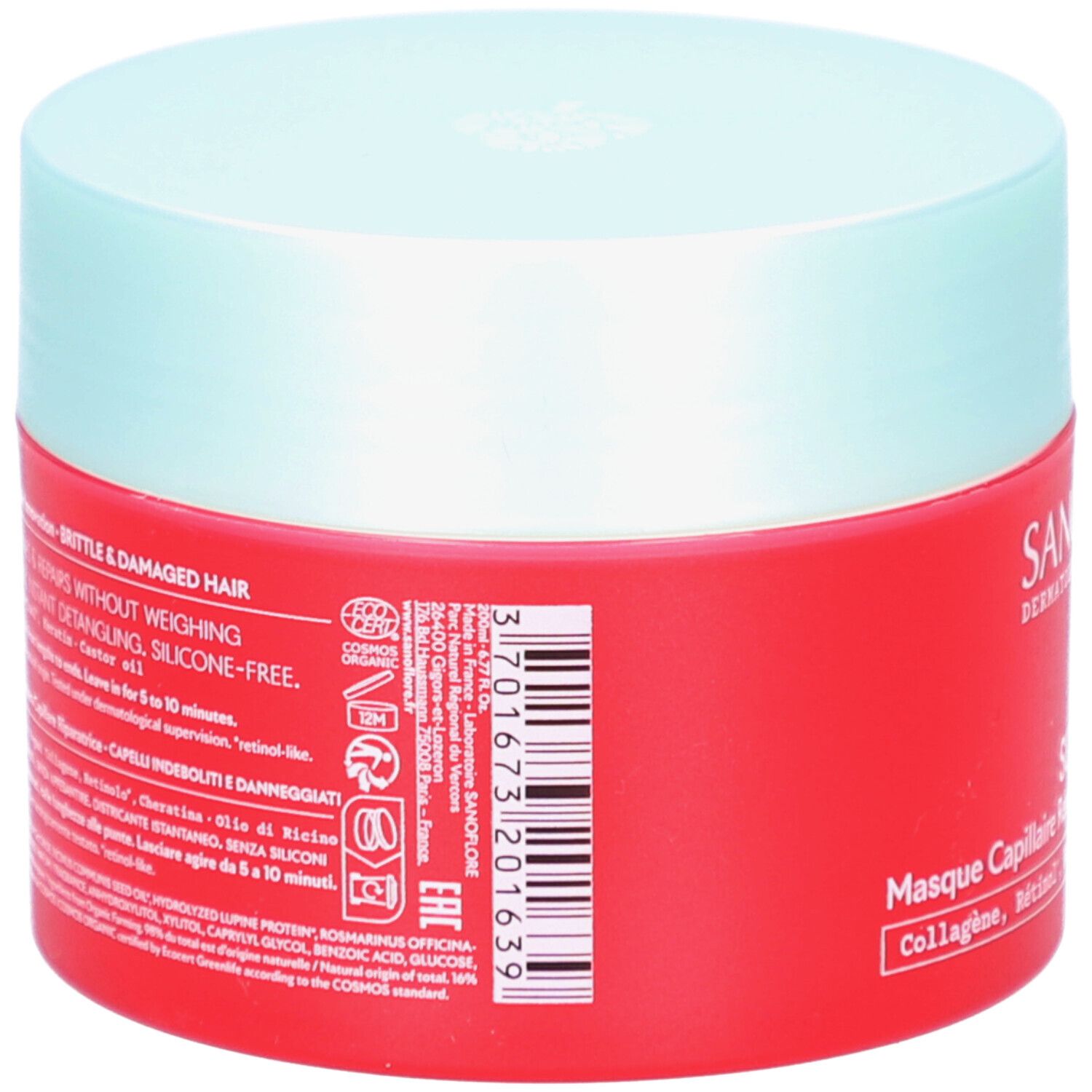 Pot rouge avec couvercle bleu clair. Dos avec texte et code-barres. Contient des informations sur le produit et les ingrédients.