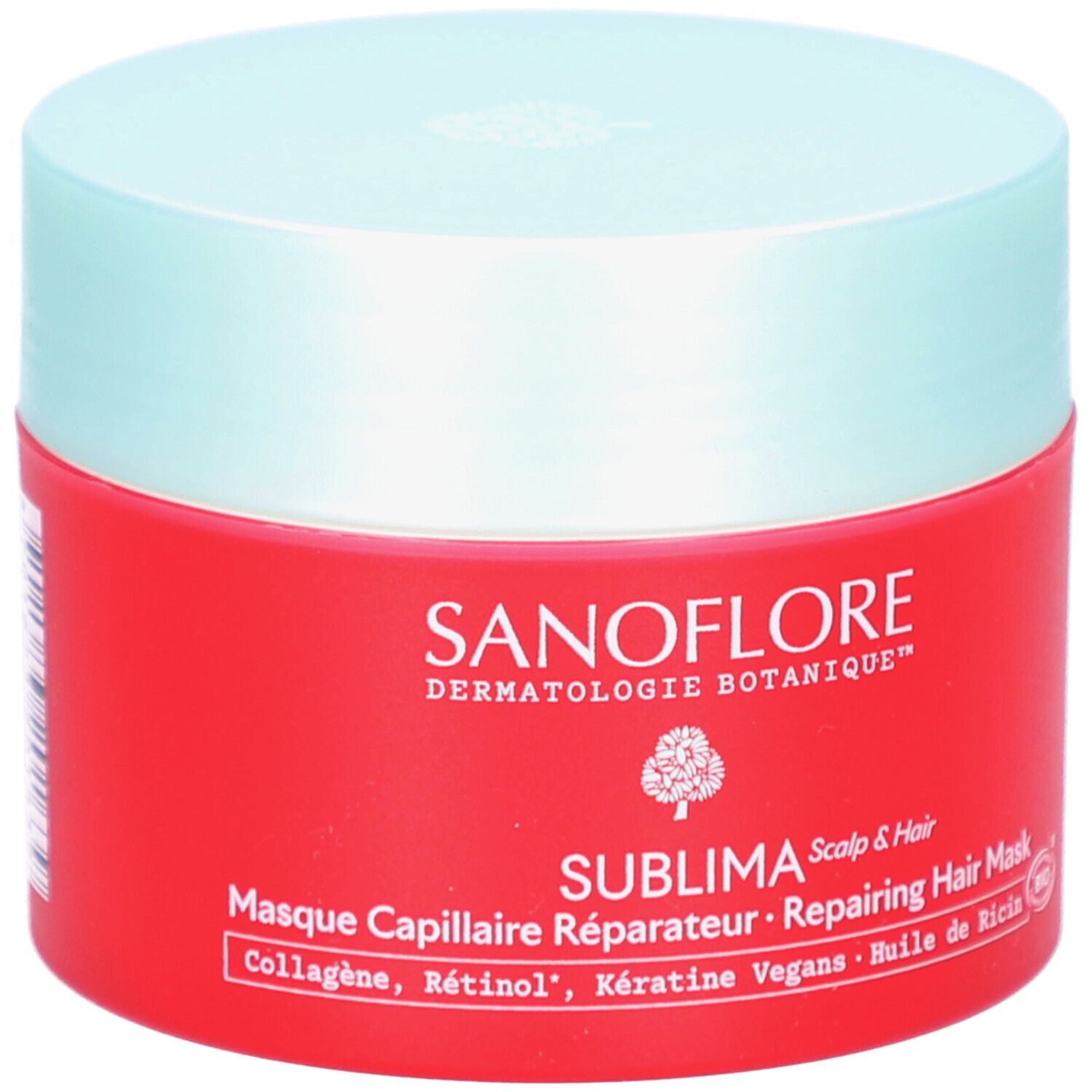 Pot rouge avec couvercle bleu clair. Inscription: SANOFLORE, SUBLIMA, Masque Capillaire Réparateur. Contient collagène, rétinol, kératine.