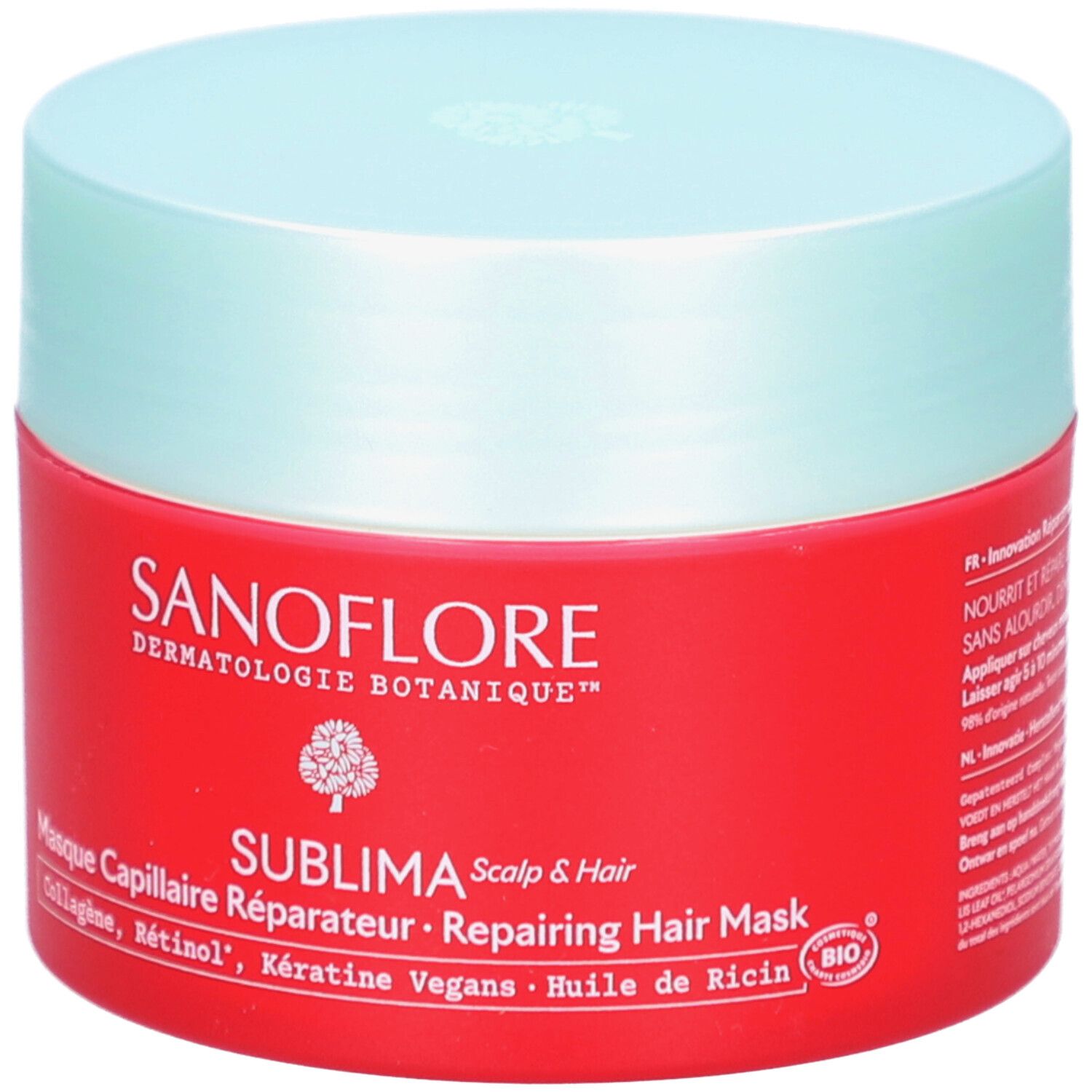 Pot rouge avec couvercle bleu clair. Inscription: SANOFLORE, SUBLIMA, Masque Capillaire Réparateur. Contient collagène, rétinol, kératine.