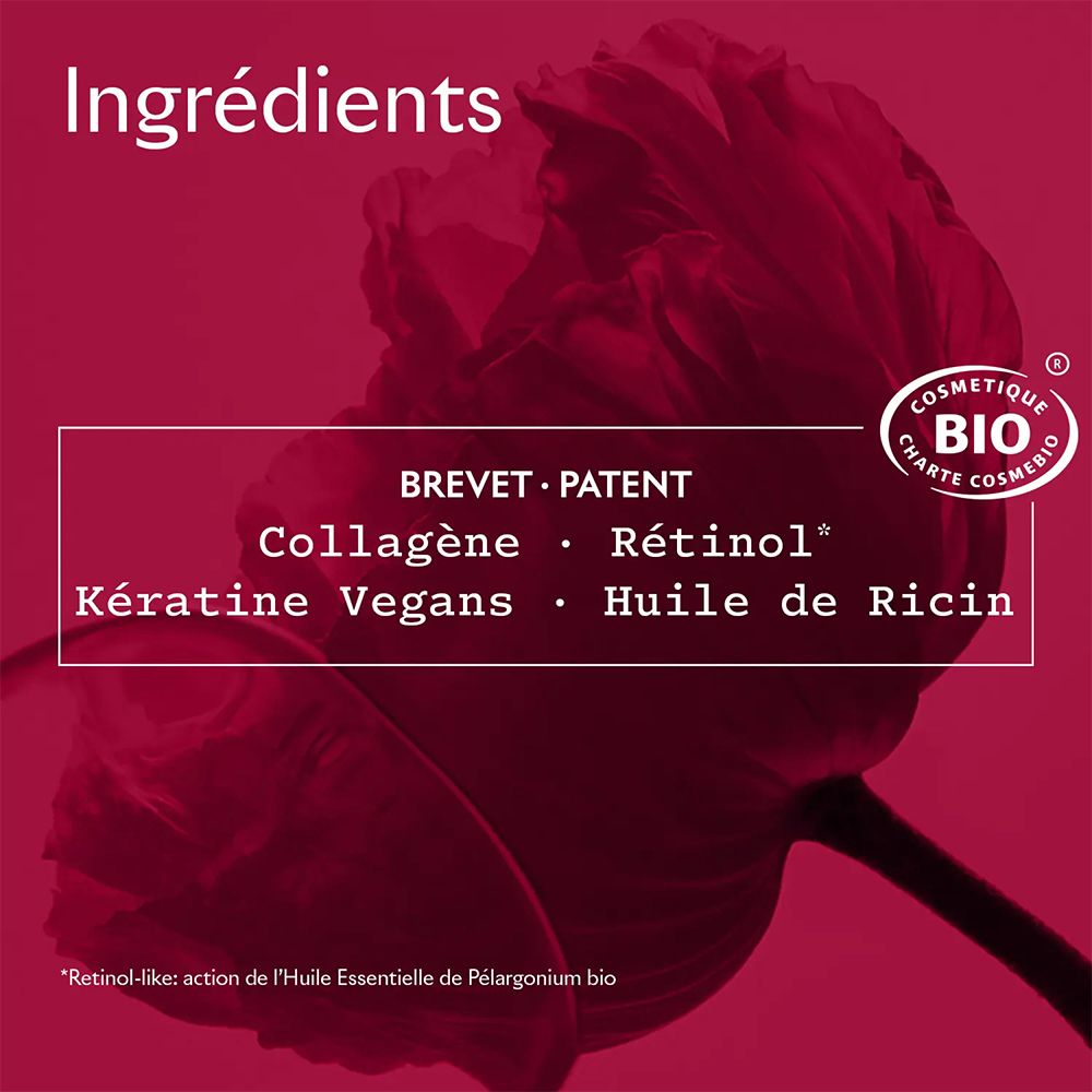 Nahaufnahme mit Text. Zutaten: Kollagen, Retinol, Keratin, Rizinusöl. Zertifizierung: BIO COSMETIQUE.