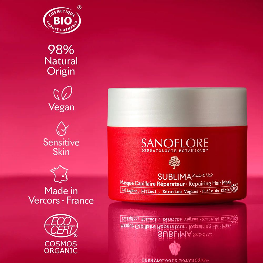 Rote Dose mit weißem Deckel. Aufschrift: SANOFLORE, SUBLIMA, Masque Capillaire Réparateur. Zertifizierungen: Cosmos Organic, Vegan, Sensitive Skin.
