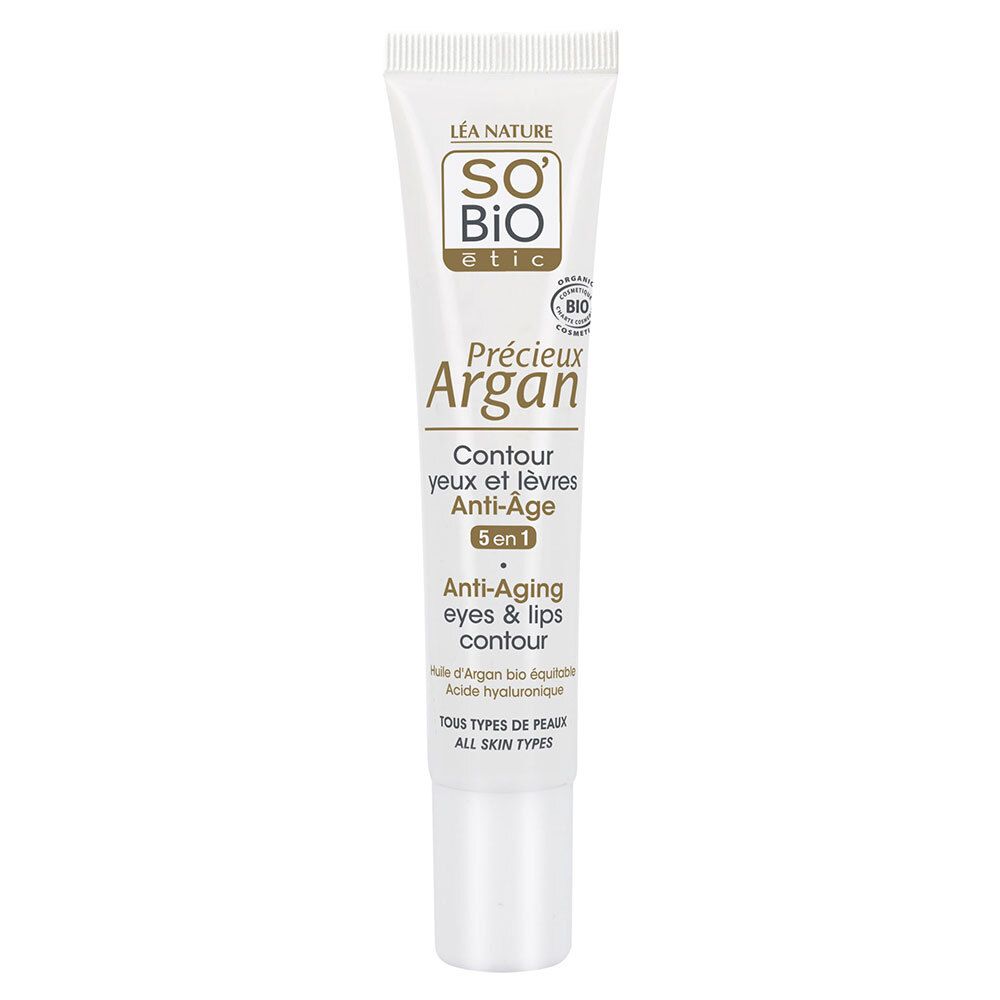 Weiße Tube mit SO'BiO étic Logo und Produktbezeichnung. Text: Précieux Argan, Contour yeux et lèvres Anti-Âge 5 en 1.