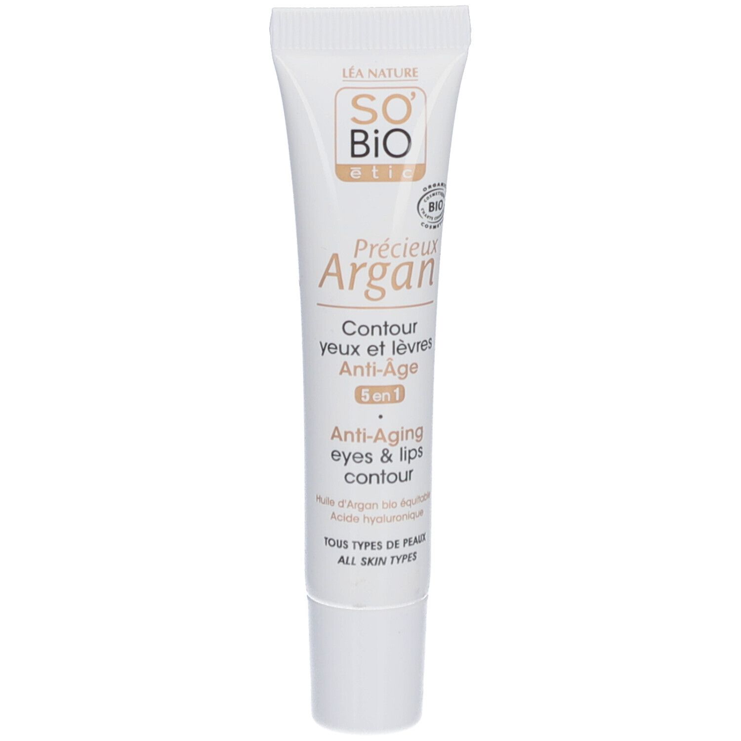 SO BIO ETIC Précieux Argan Augen- und Lippenkontur, Tube. Weiß, mit Schriftzug und Logo. Enthält 5-in-1 Anti-Aging-Formel.