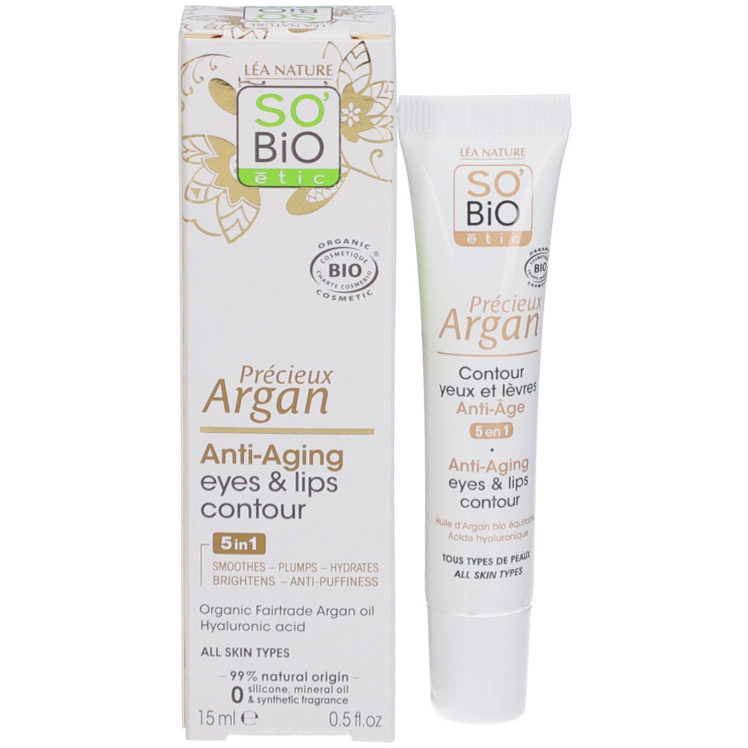 SO BIO ETIC Précieux Argan Augen- und Lippenkontur, Tube und Verpackung. Weiß, mit Text und Logo. Enthält 5-in-1 Anti-Aging-Formel.