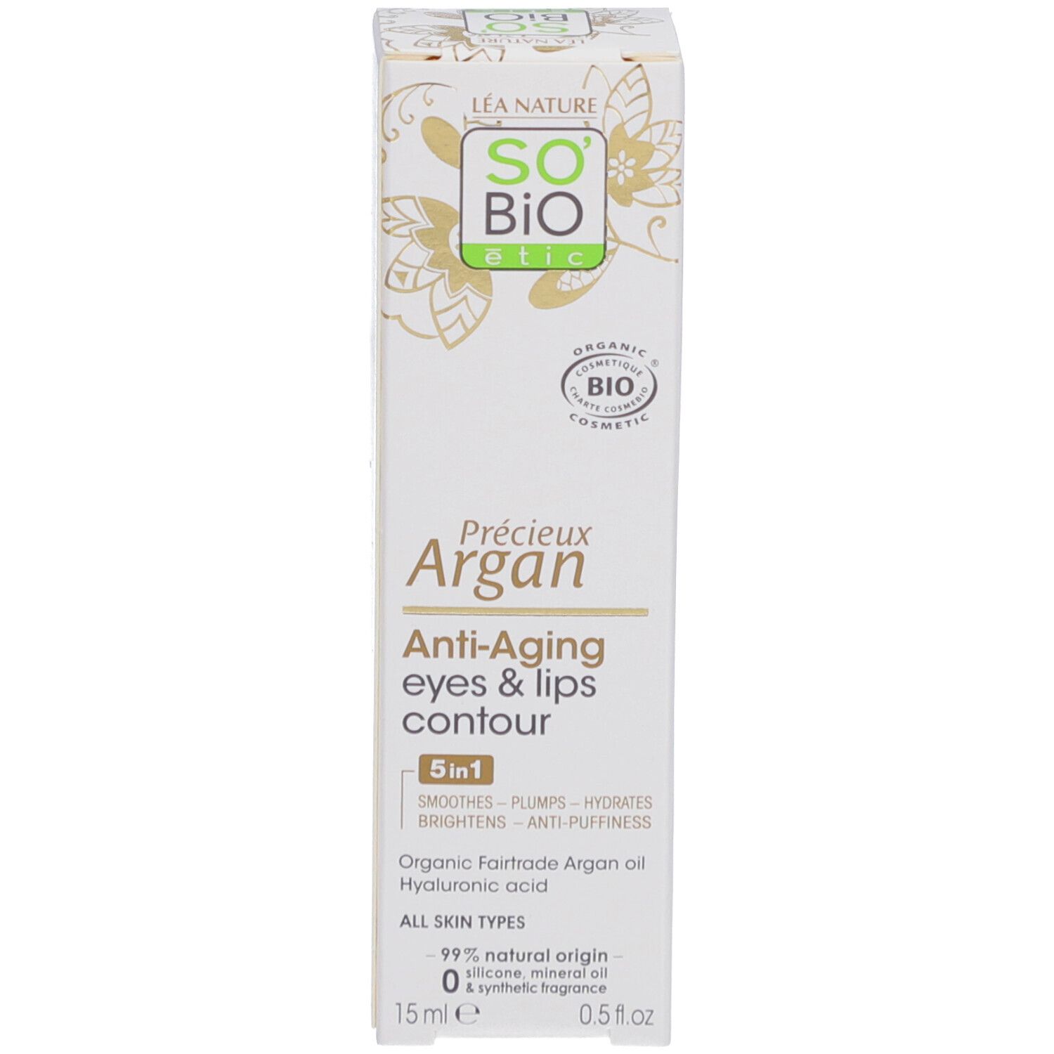 SO BIO ETIC Précieux Argan Augen- und Lippenkontur, Verpackung. Weiß, mit Text und Logo. Enthält 5-in-1 Anti-Aging-Formel.