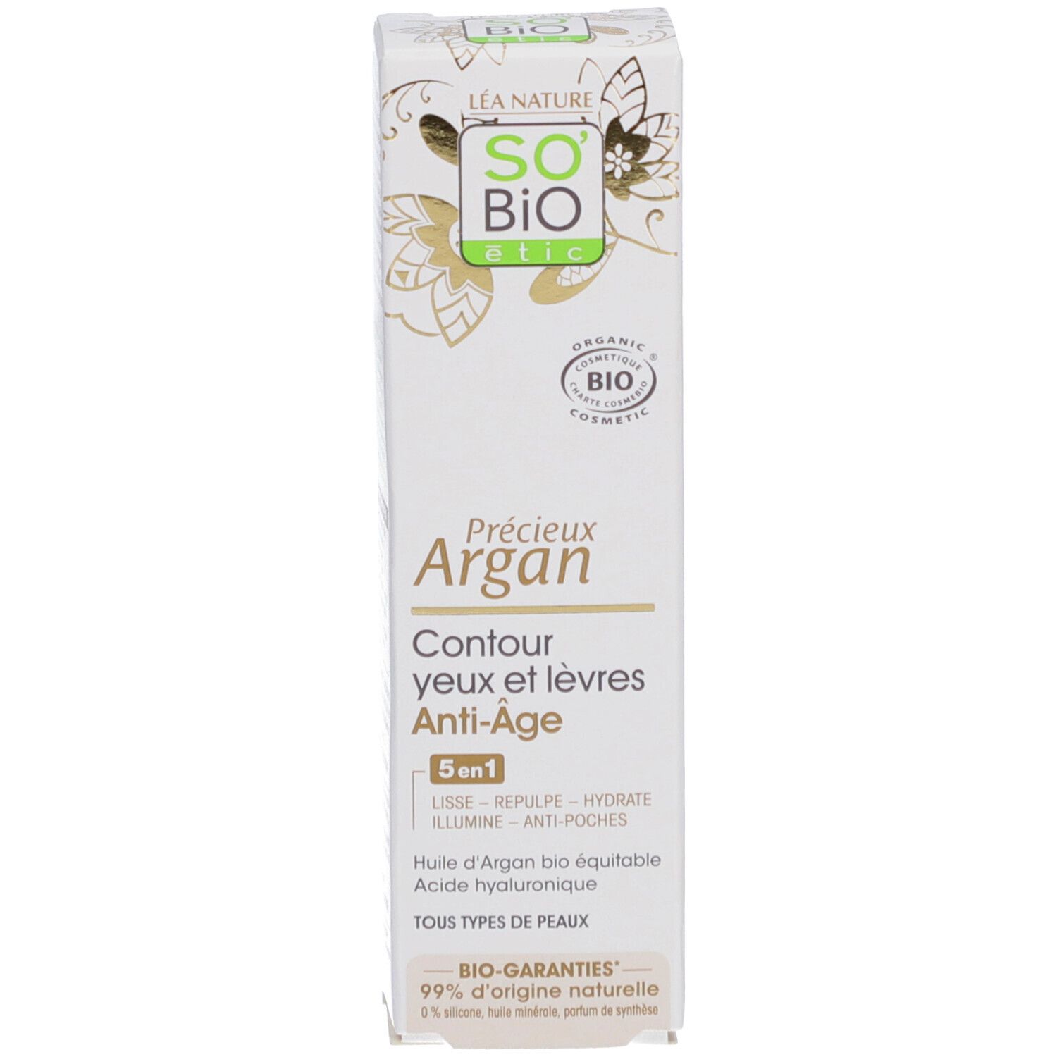 SO BIO ETIC Précieux Argan Augen- und Lippenkontur, Verpackung. Weiß, mit Text und Logo. Enthält 5-in-1 Anti-Aging-Formel.