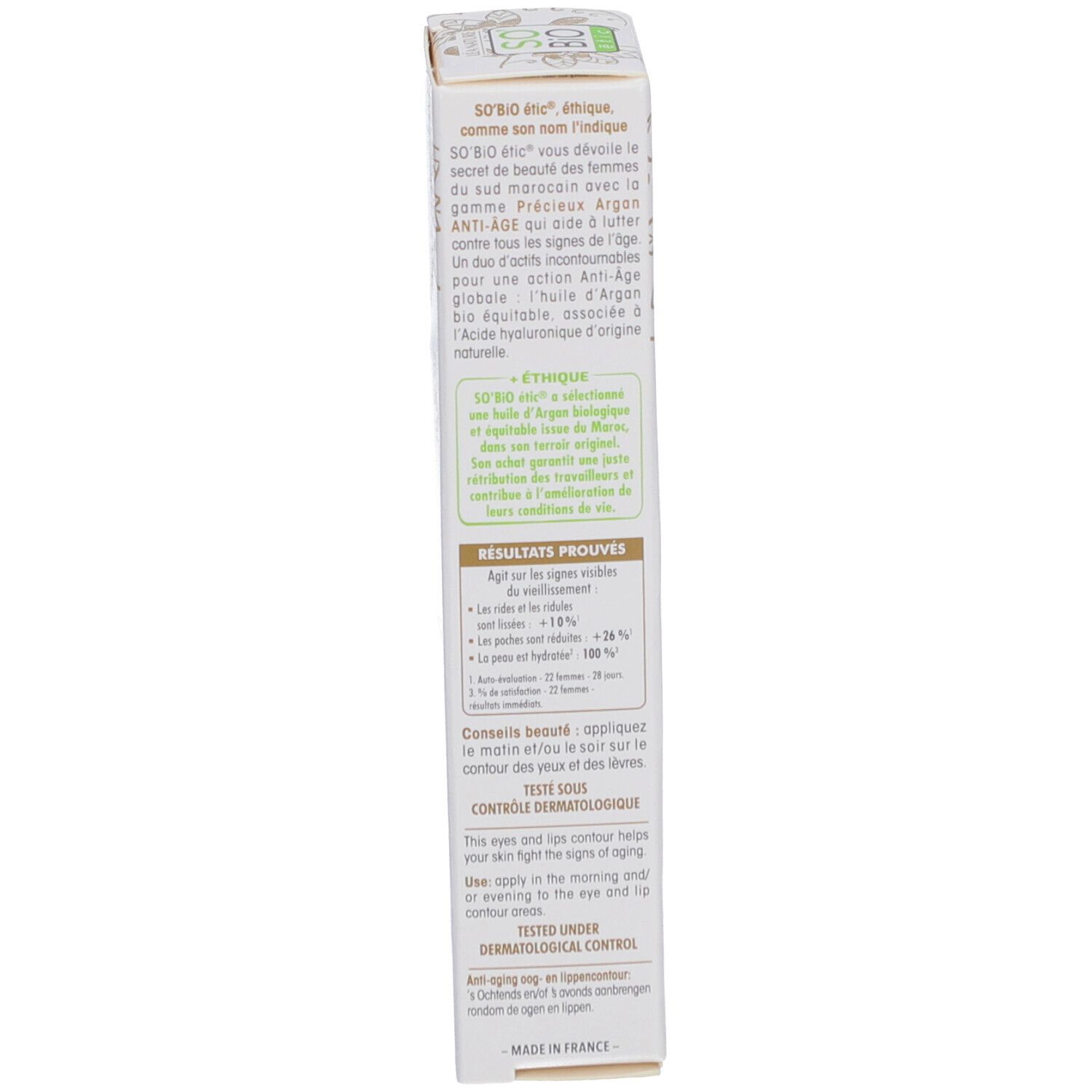 Seite der SO BIO ETIC Précieux Argan Verpackung. Enthält Informationen zur Anwendung und Testergebnissen.