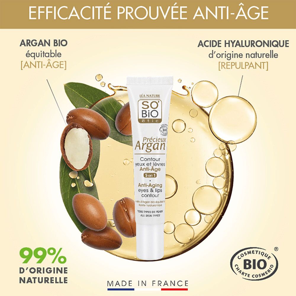 Produktabbildung mit Argan-Nüssen und Blättern. Text: Argan bio, acide hyaluronique, 99% d'origine naturelle, Cosmetique Bio.
