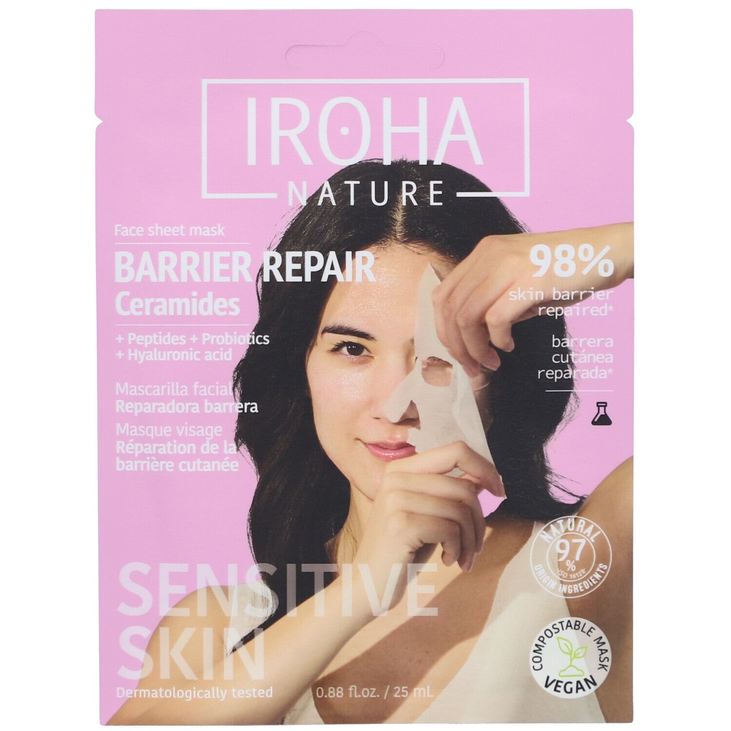 Masque facial IROHA, emballage rose, femme tenant le masque. Texte: Barrier Repair, Céramides, Sensitive Skin.