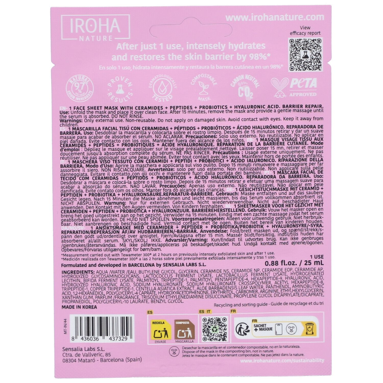 Dos de l'emballage du masque facial IROHA. Fond rose, texte et symboles. Contient des informations sur les ingrédients et l'utilisation.