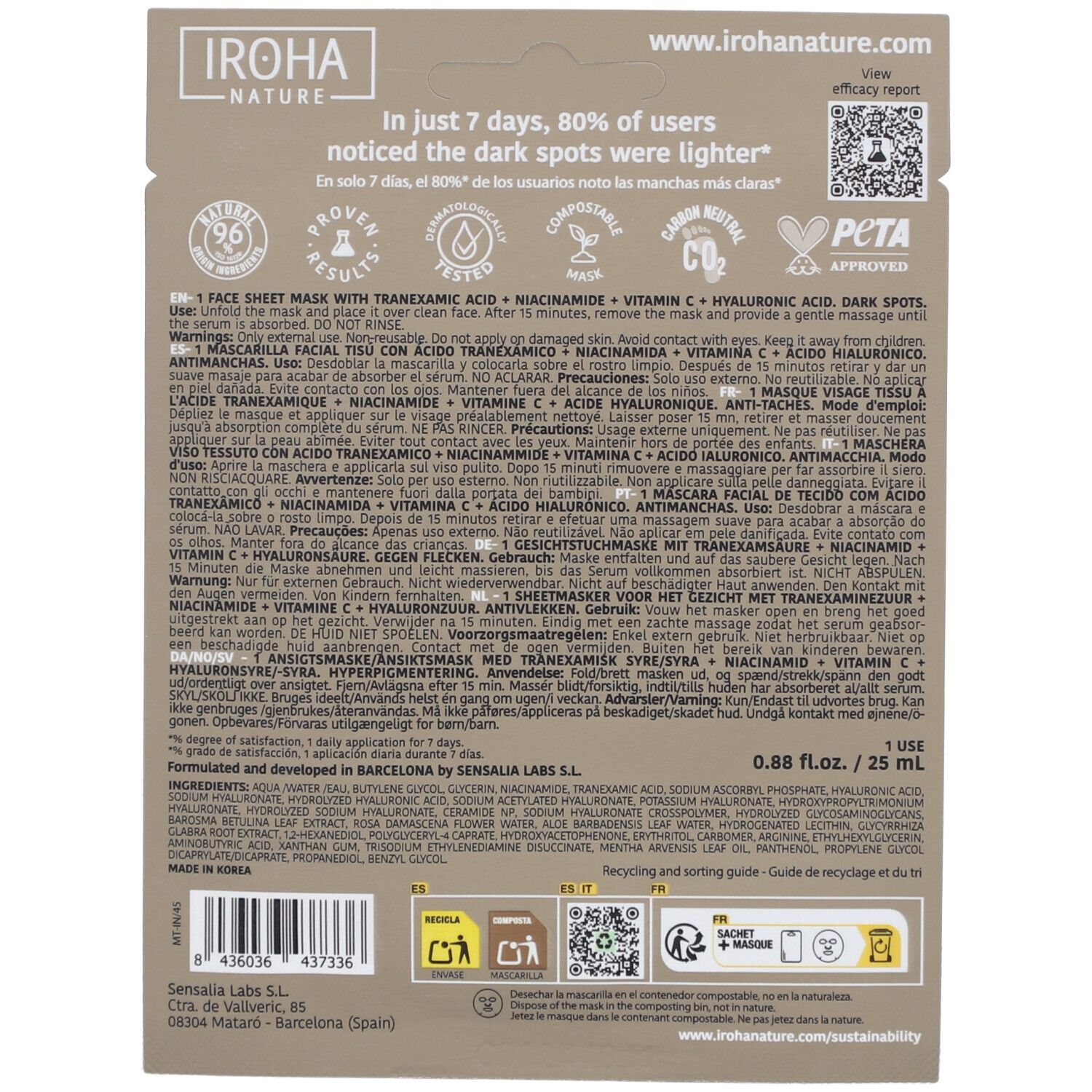 Dos du sachet de masque facial. Texte: IROHA NATURE, DARK SPOTS, acide tranexamique, vitamine C, acide hyaluronique. Vegan, compostable.