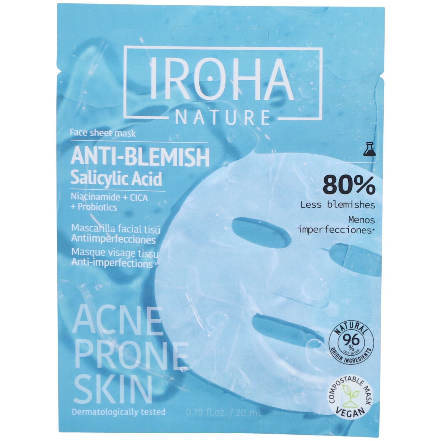 Gesichtsmaske in blauer Verpackung. Text: Anti-Unreinheiten, Salicylsäure, Niacinamid, CICA und Probiotika. Für Akne-anfällige Haut.