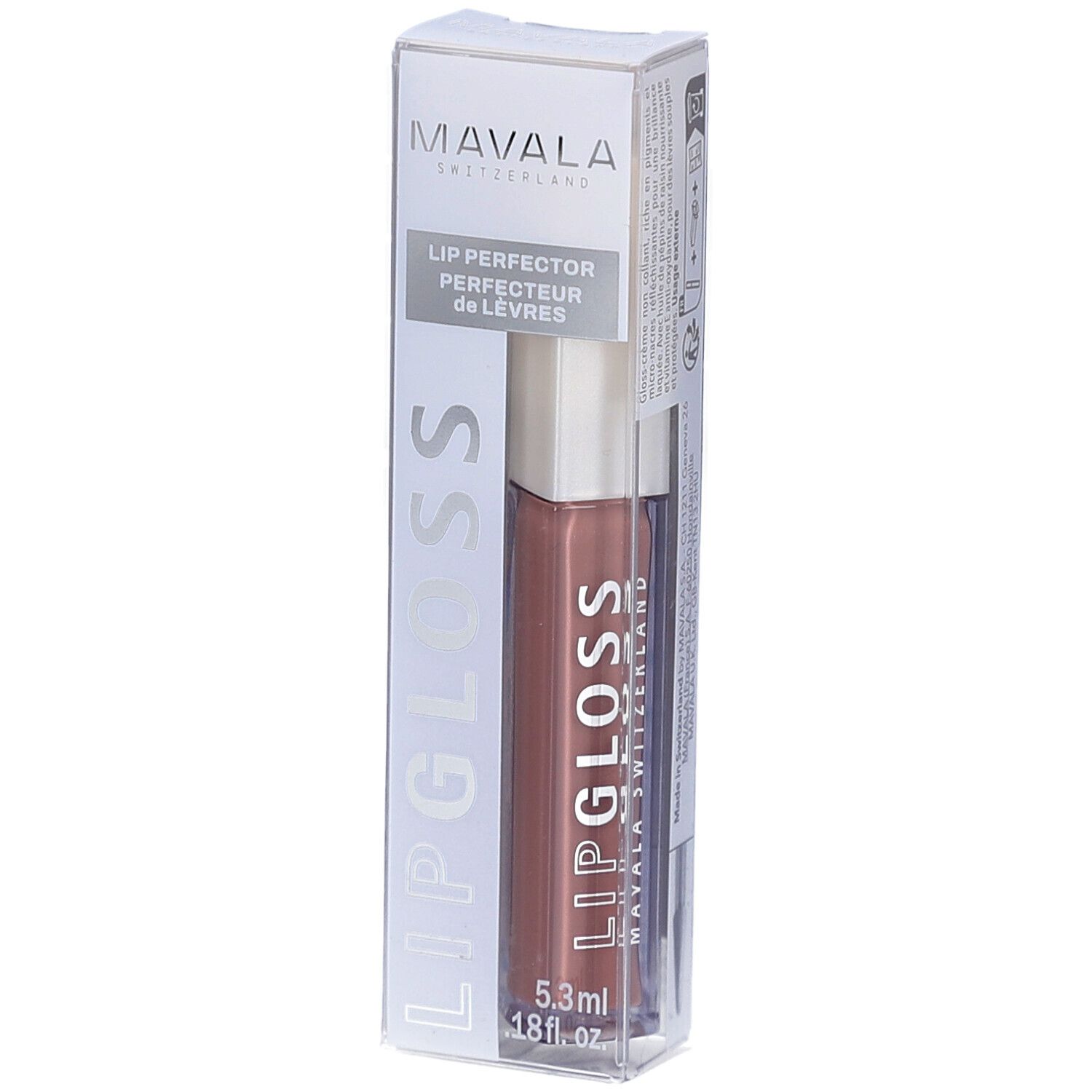 Lipgloss in Verpackung. Marke Mavala, Schriftzug Lipgloss. Farbton Nougat. Volumen 5,3 ml.