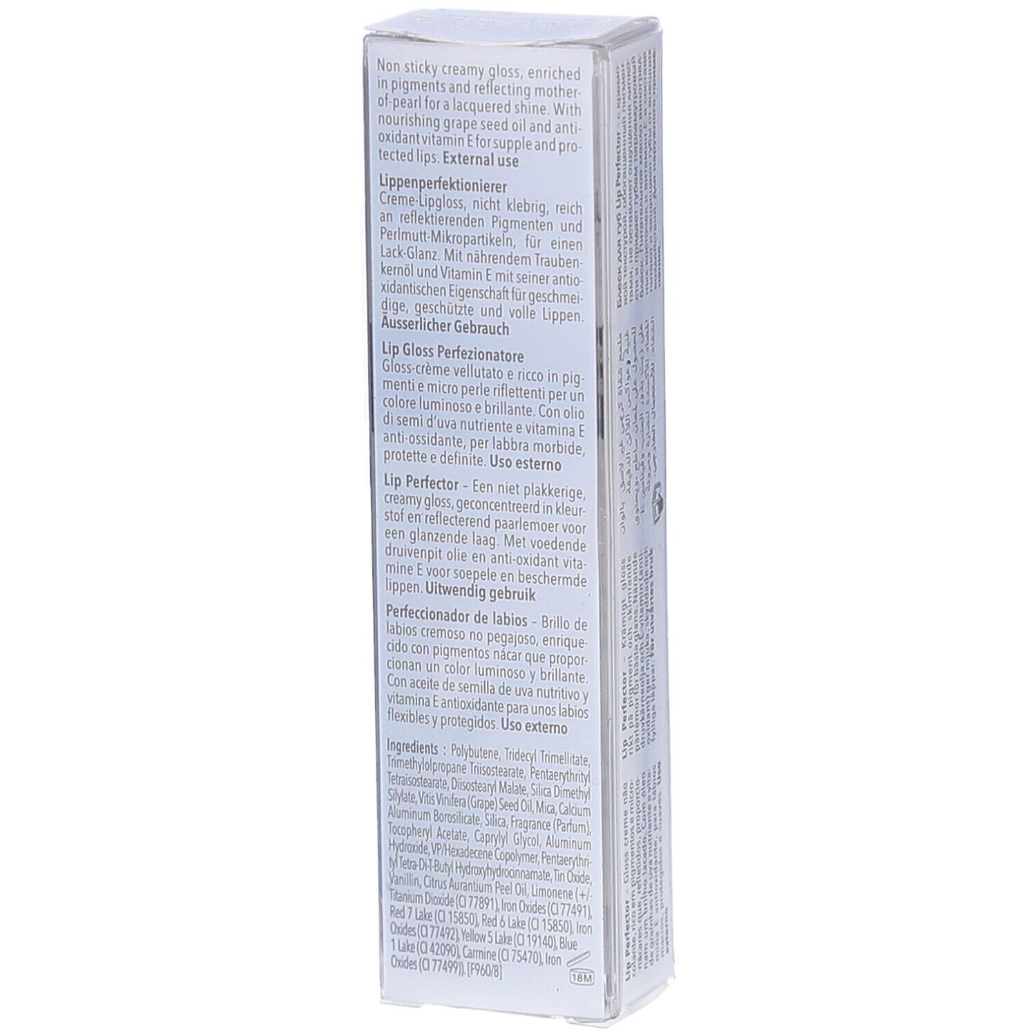 Rückseite der Lipgloss-Verpackung. Text in mehreren Sprachen. Inhaltsstoffe und Anwendungshinweise.
