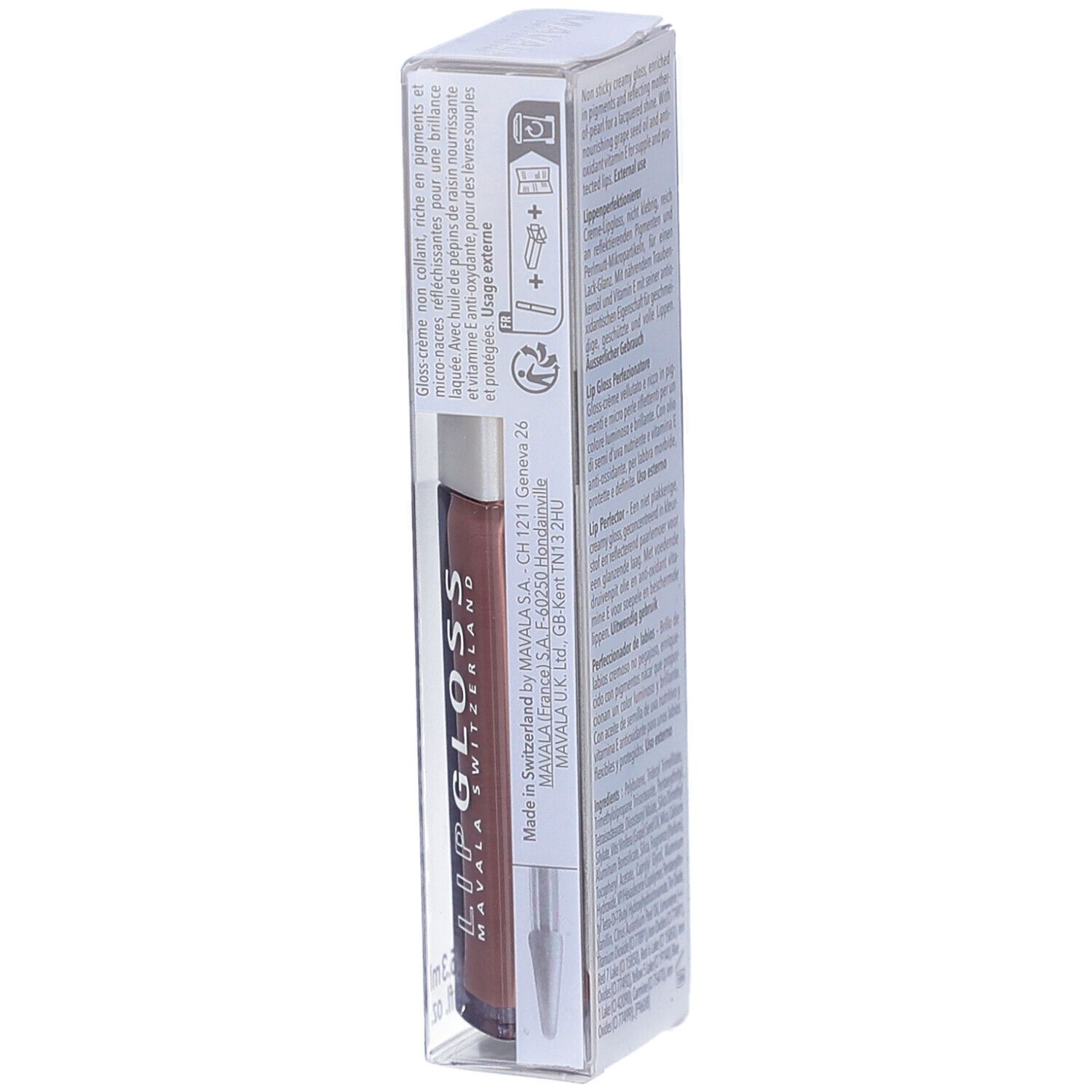 Verpackung des Lipgloss. Marke Mavala. Produktname Lipgloss. Text in mehreren Sprachen.