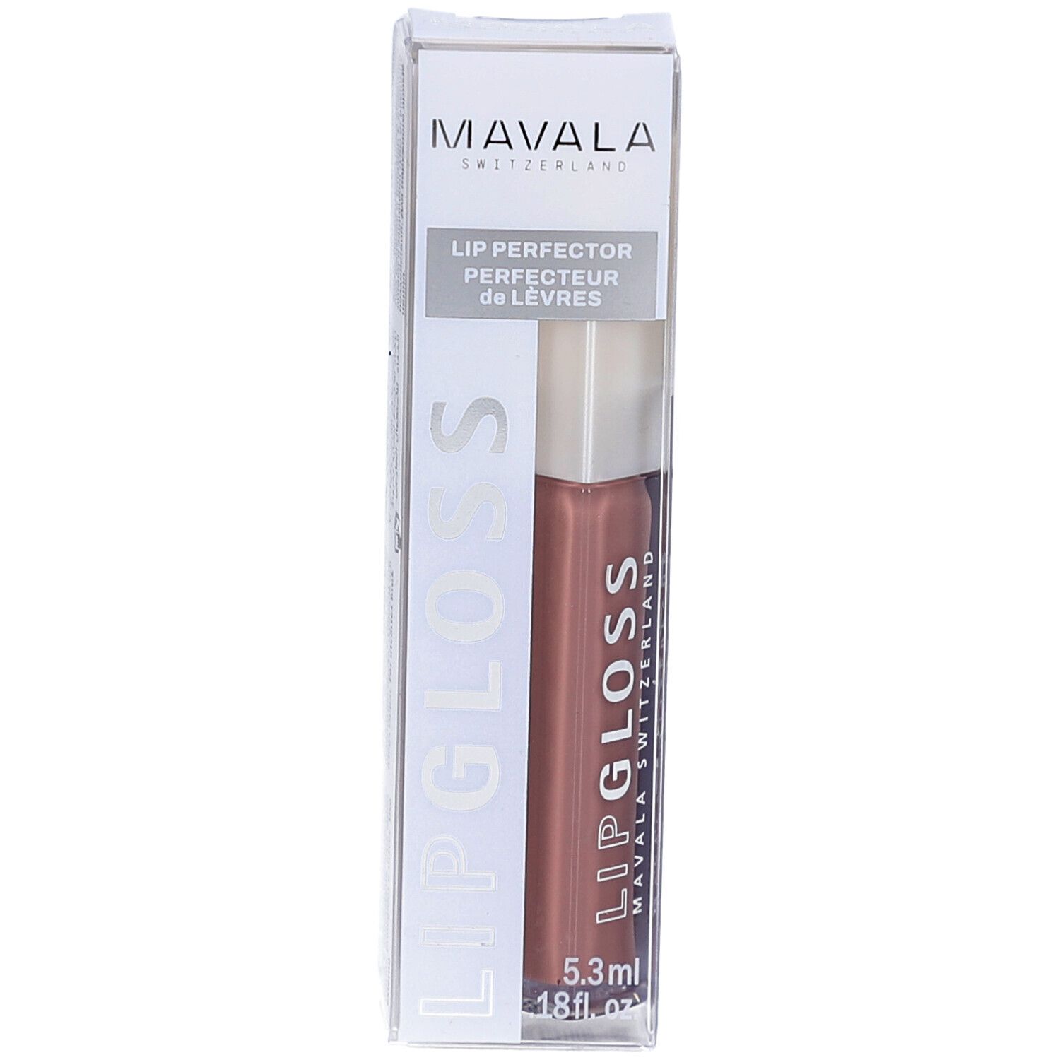 Lipgloss in Verpackung. Marke Mavala, Schriftzug Lipgloss. Farbton Nougat. Volumen 5,3 ml.