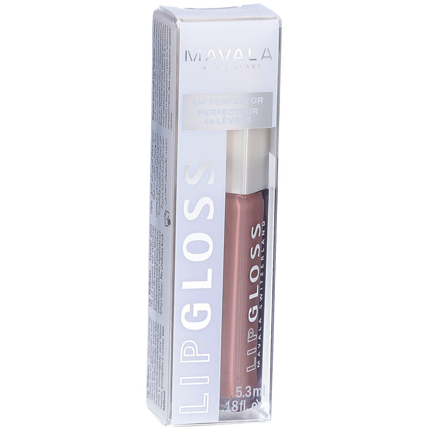 Lipgloss in Verpackung. Marke Mavala, Schriftzug Lipgloss. Farbton Nougat. Volumen 5,3 ml.