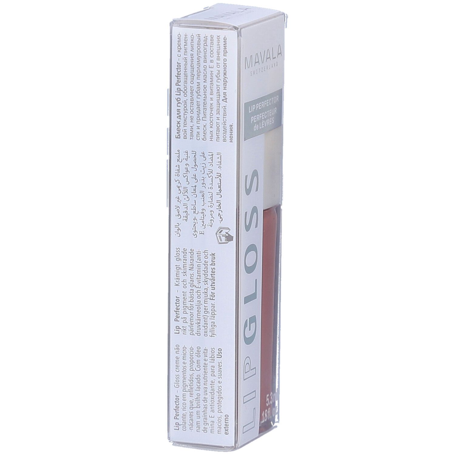 Verpackung des Mavala Lip Gloss. Text in mehreren Sprachen. Produktname und Volumenangabe. Farbton Caramel.