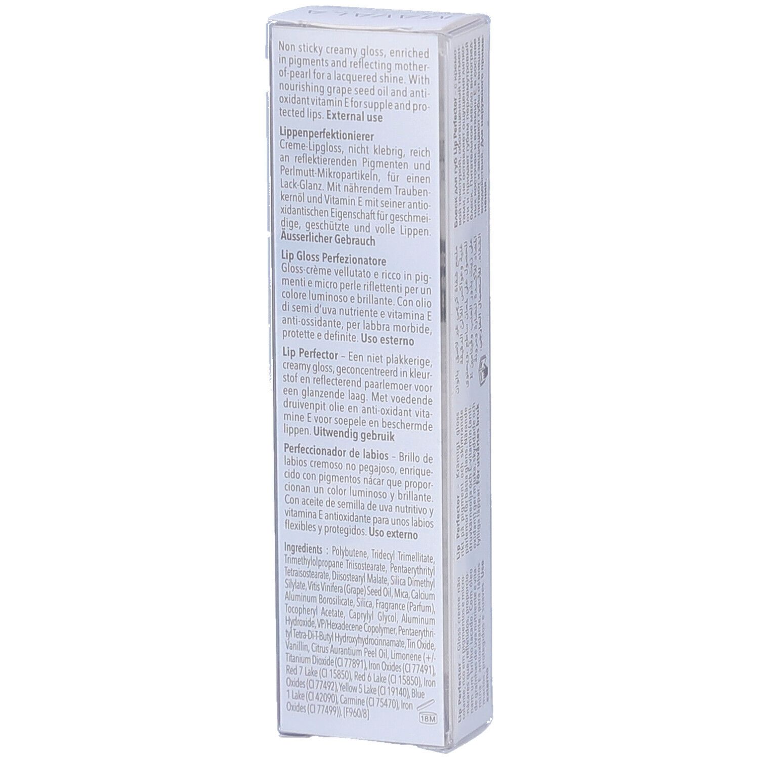 Rückseite der Verpackung des Mavala Lip Gloss. Text in mehreren Sprachen. Inhaltsstoffe und Anwendungshinweise.