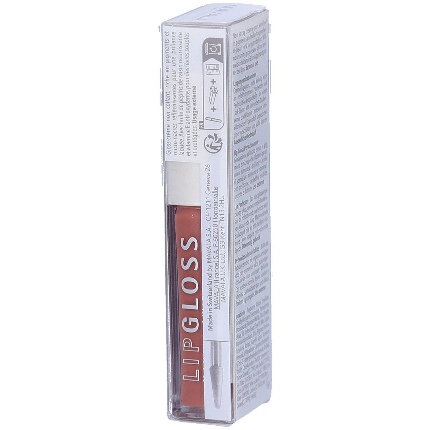Verpackung des Mavala Lip Gloss. Farbton Caramel. Produkt und Applikator sichtbar. Hergestellt in der Schweiz.