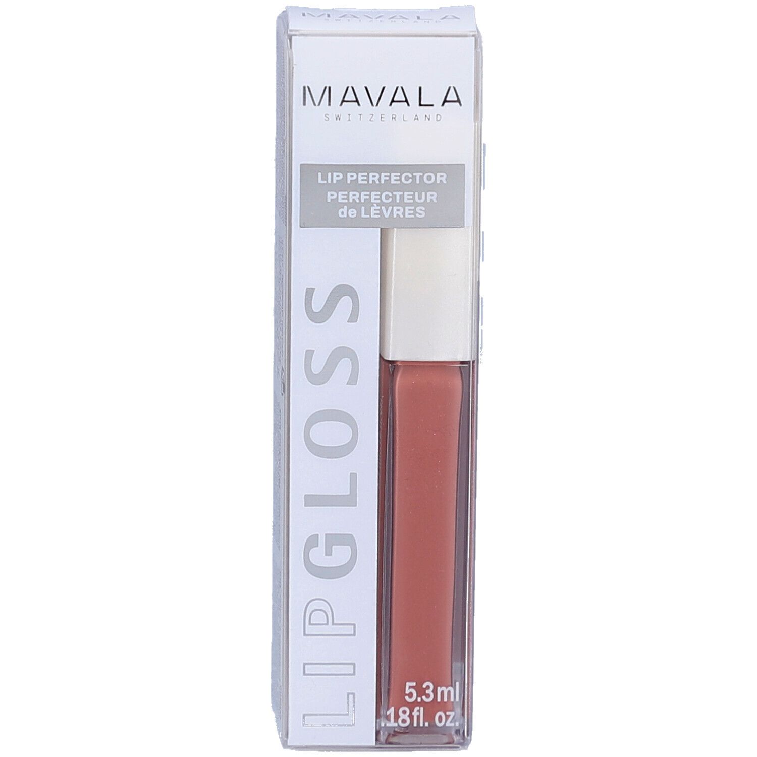 Mavala Lip Gloss in Verpackung. Farbton Caramel. Transparente Hülle mit Produkt und weißem Deckel. 5,3 ml.