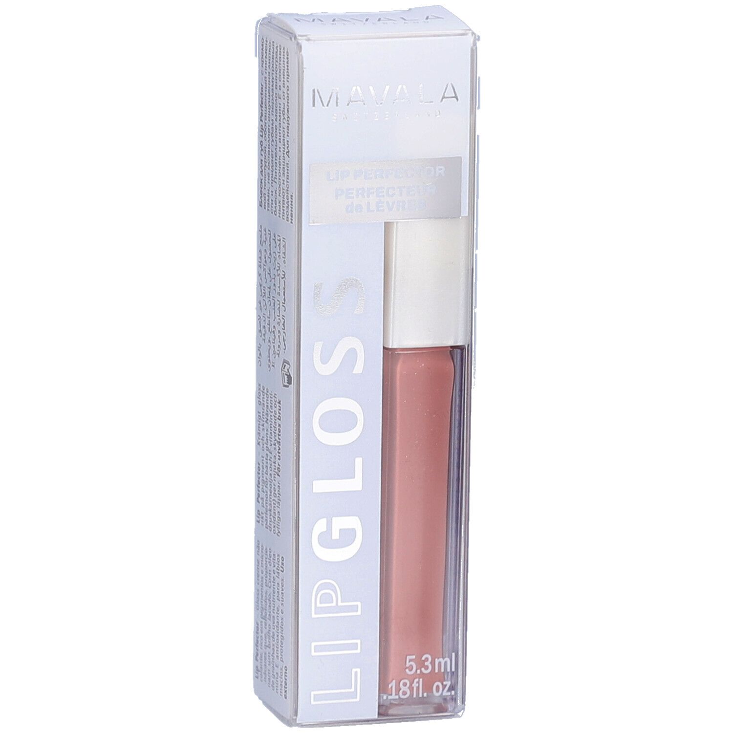 Mavala Lip Gloss in Verpackung. Farbton Caramel. Transparente Hülle mit Produkt und weißem Deckel. 5,3 ml.