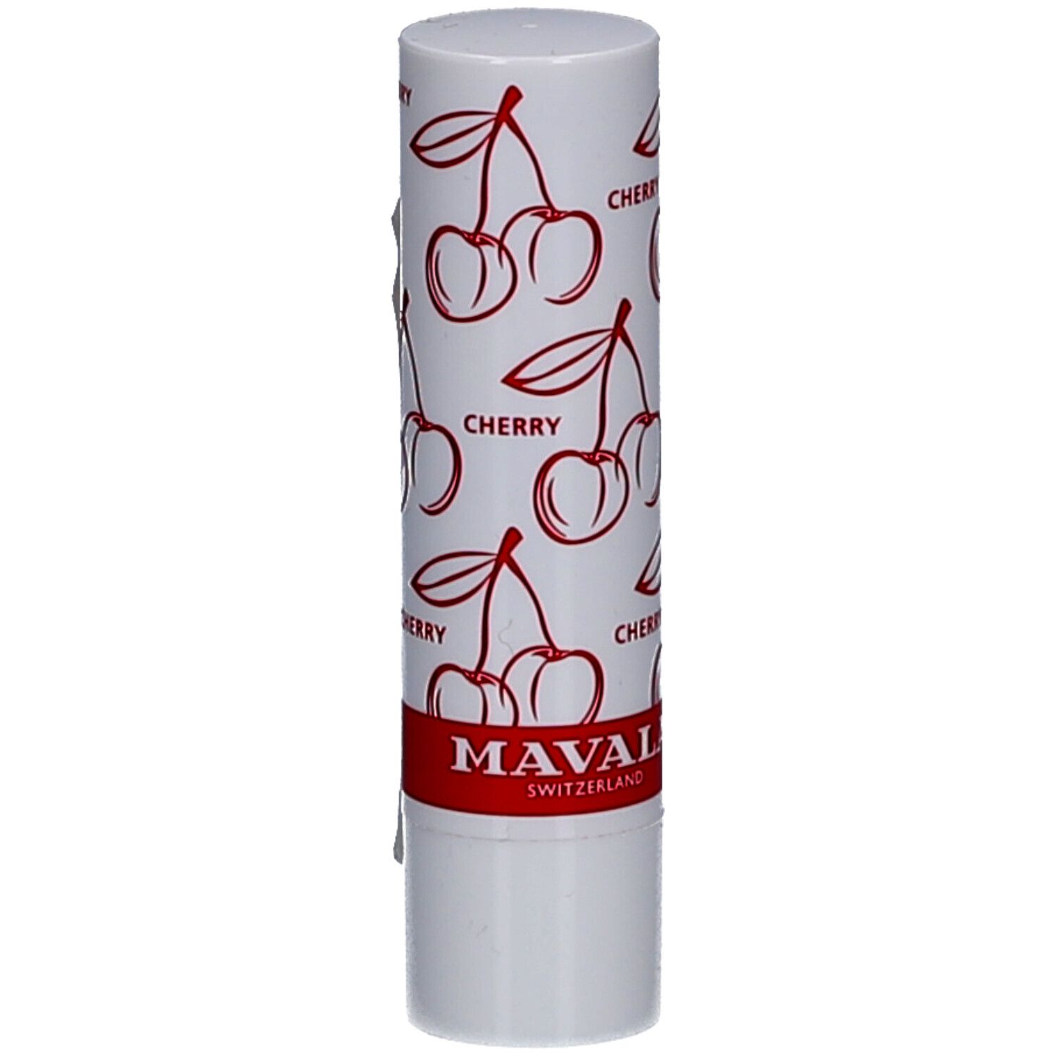 Weißer Lippenbalsam-Stift mit Kirschmuster und rotem Schriftzug "CHERRY". Marke: MAVALA, Schweiz.