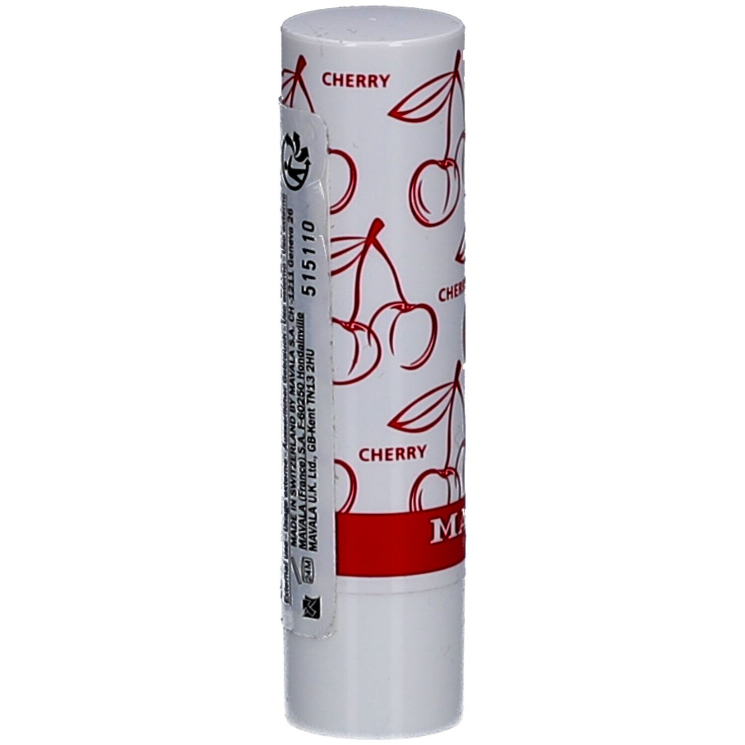 Weißer Lippenbalsam-Stift mit Kirschmuster und roter Schrift. Aufkleber mit Text und Barcode.