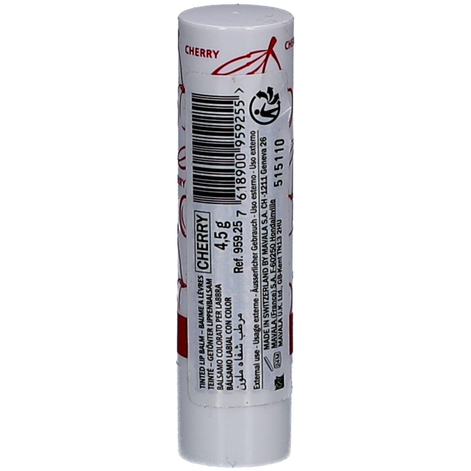 Weißer Lippenbalsam-Stift mit Kirschmuster und roter Schrift. Text mit Inhaltsangaben und Barcode.