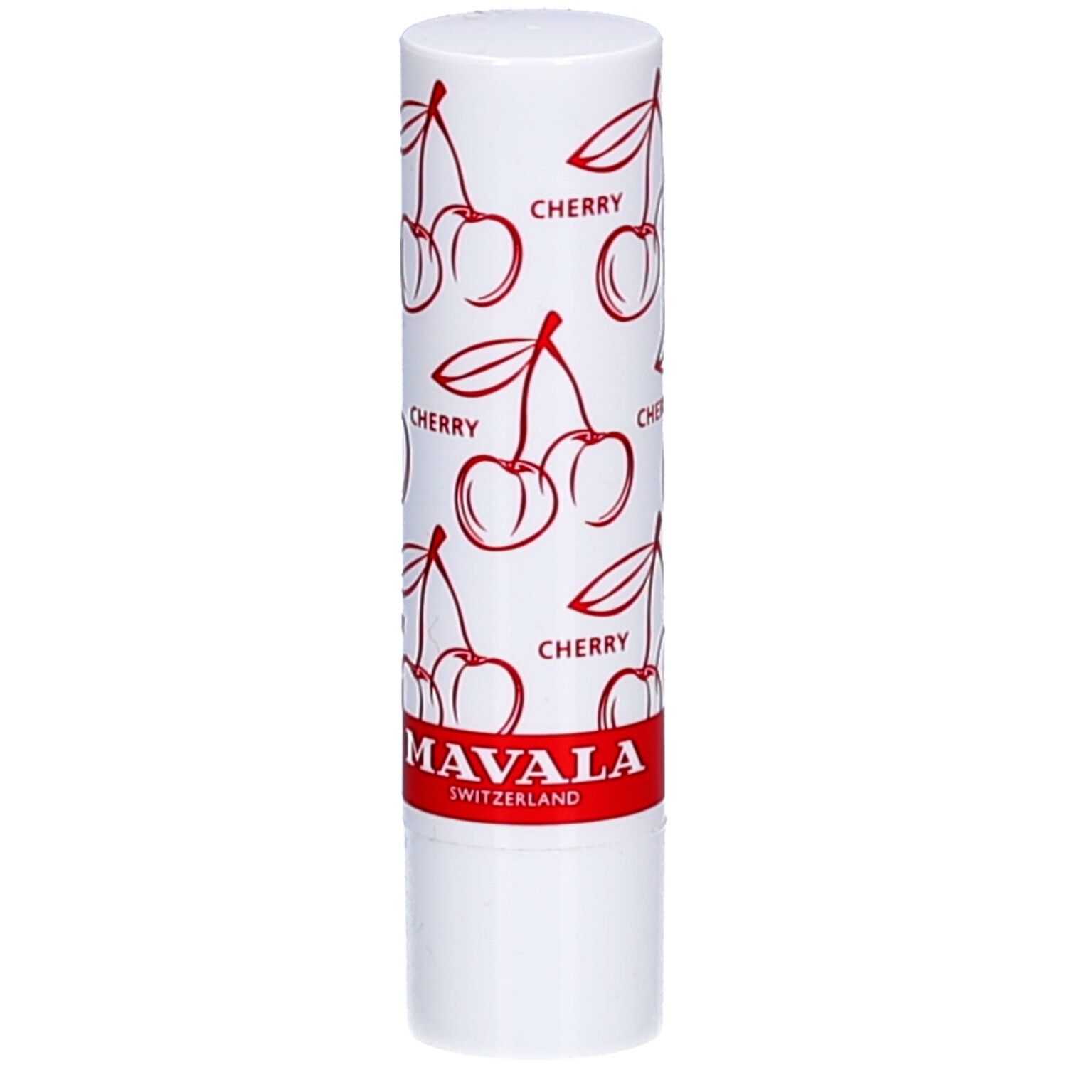 Weißer Lippenbalsam-Stift mit Kirschmuster und rotem Schriftzug "CHERRY". Marke: MAVALA, Schweiz.
