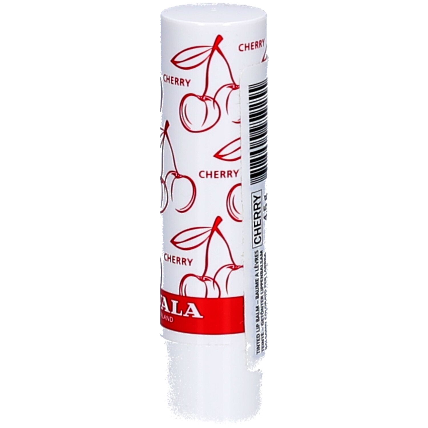 Weißer Lippenbalsam-Stift mit Kirschmuster und roter Schrift. Barcode und Produktinformationen.