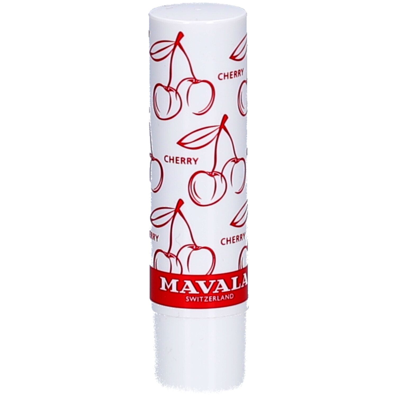 Weißer Lippenbalsam-Stift mit Kirschmuster und rotem Schriftzug "CHERRY". Marke: MAVALA, Schweiz.