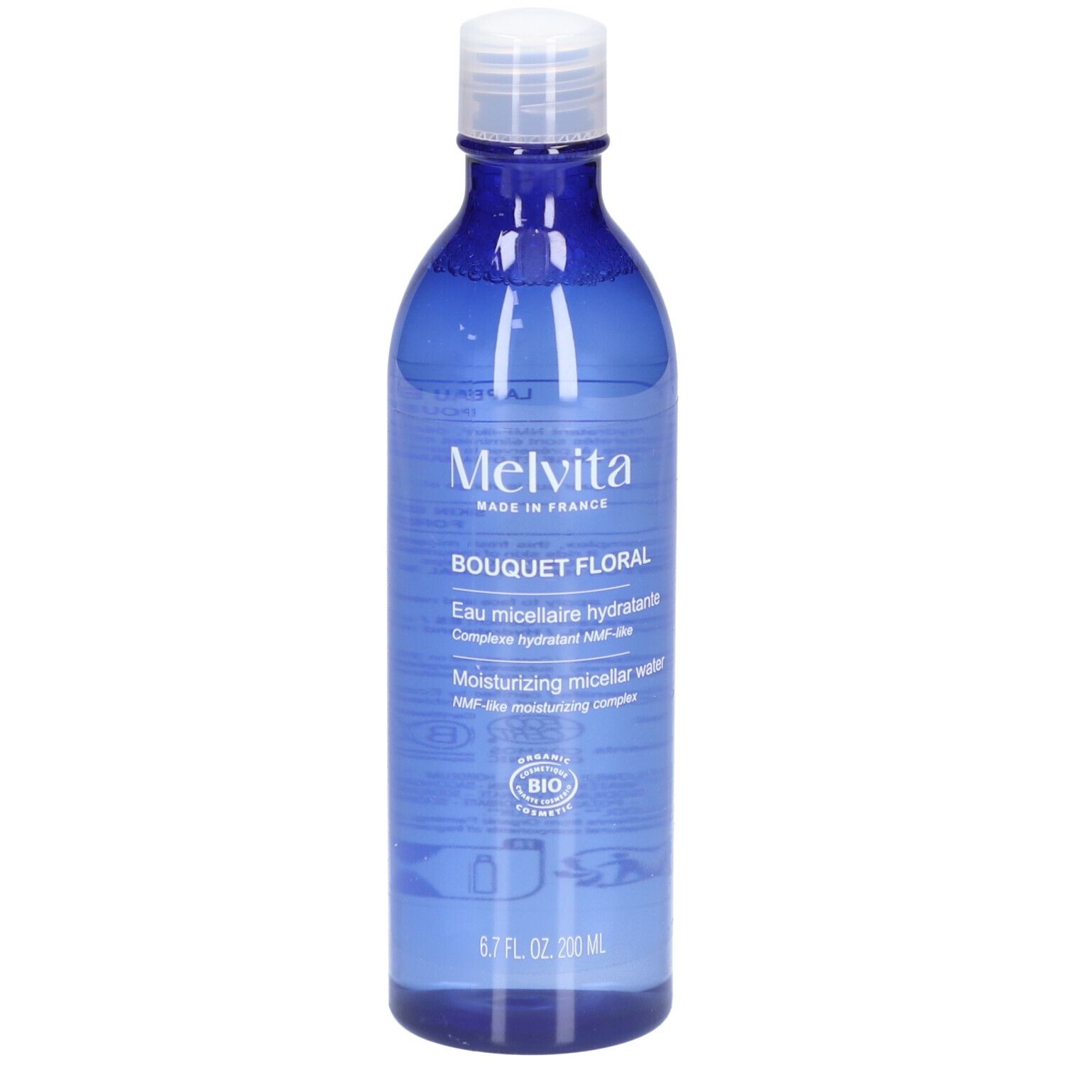 Blaue Flasche mit weißem Deckel. Aufschrift: MELVITA, Bouquet Floral, Eau micellaire hydratante, Moisturizing micellar water. Bio-Siegel.
