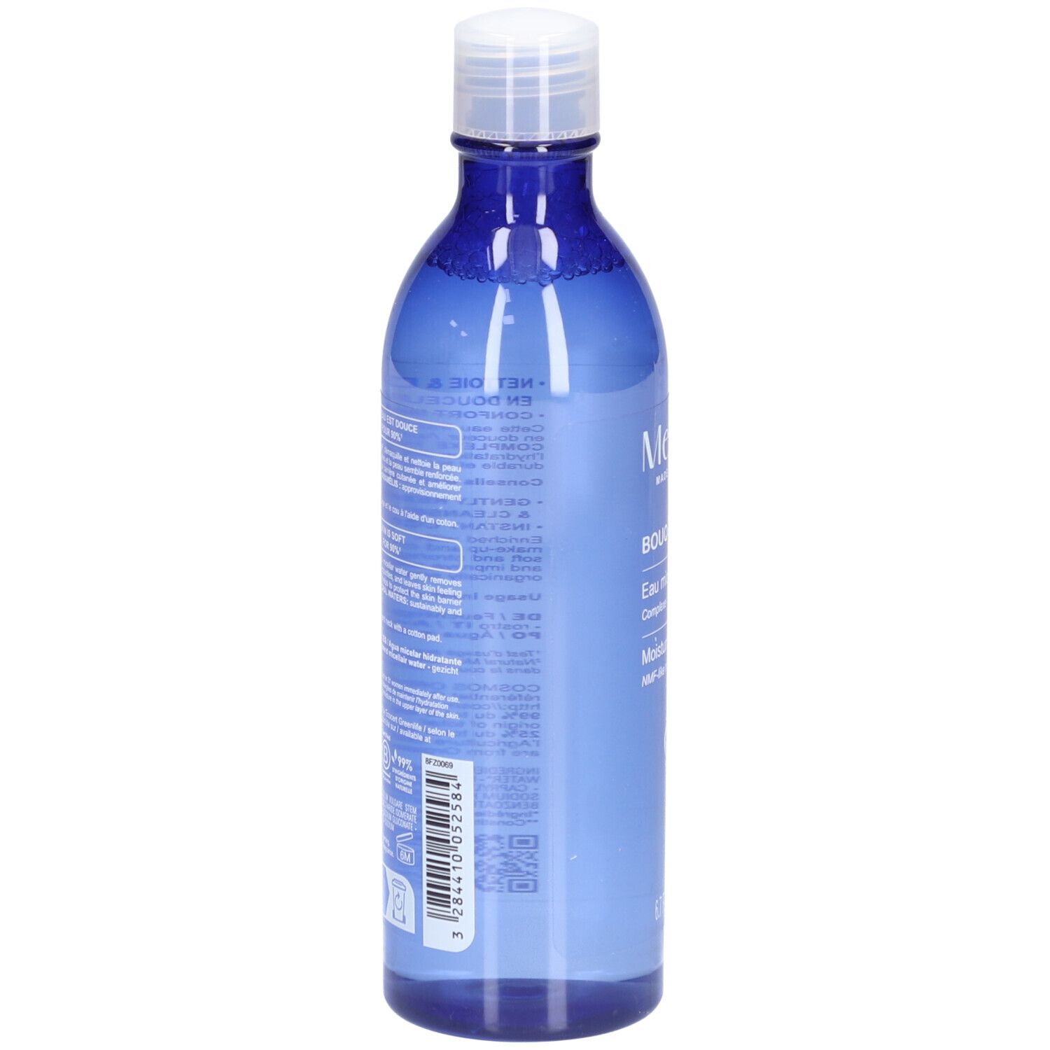 Blaue Flasche mit weißem Deckel. Rückseite mit Text und Barcode. Produktname nicht sichtbar.