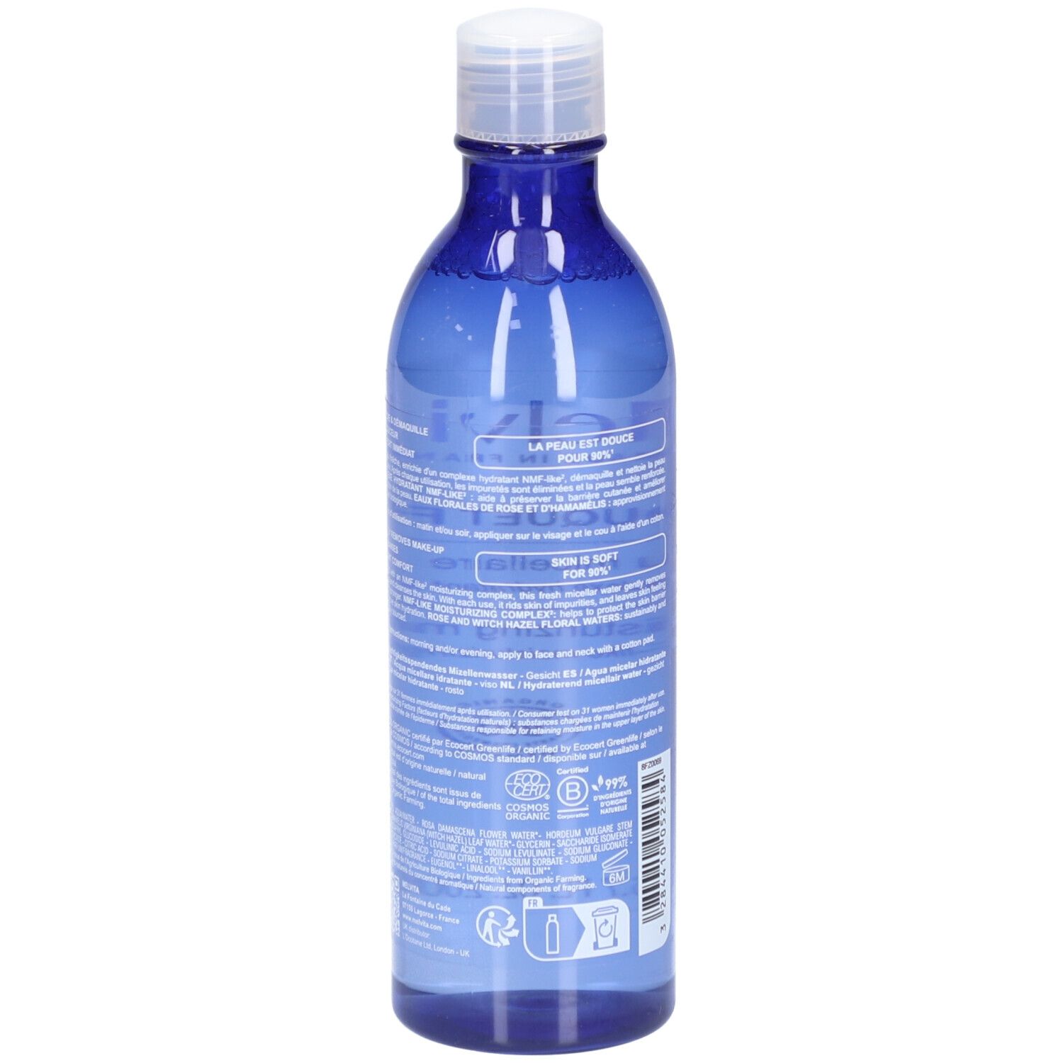Blaue Flasche mit weißem Deckel. Rückseite mit Text und Bio-Siegel. Produktname nicht sichtbar.