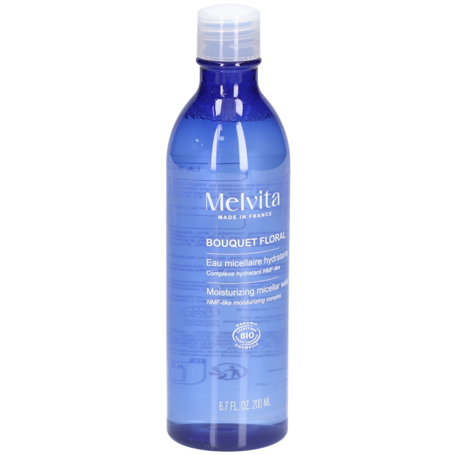 Blaue Flasche mit weißem Deckel. Aufschrift: MELVITA, Bouquet Floral, Eau micellaire hydratante, Moisturizing micellar water. Bio-Siegel.