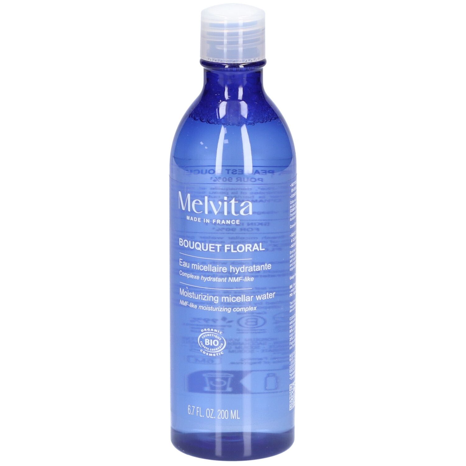 Blaue Flasche mit weißem Deckel. Aufschrift: MELVITA, Bouquet Floral, Eau micellaire hydratante, Moisturizing micellar water. Bio-Siegel.