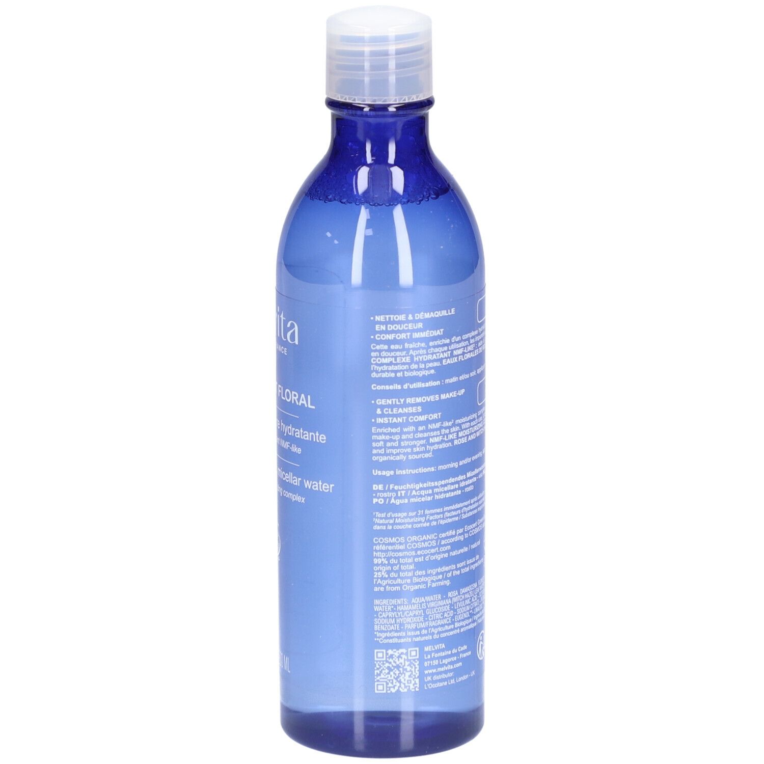Blaue Flasche mit weißem Deckel. Rückseite mit Text. Produktname nicht sichtbar.