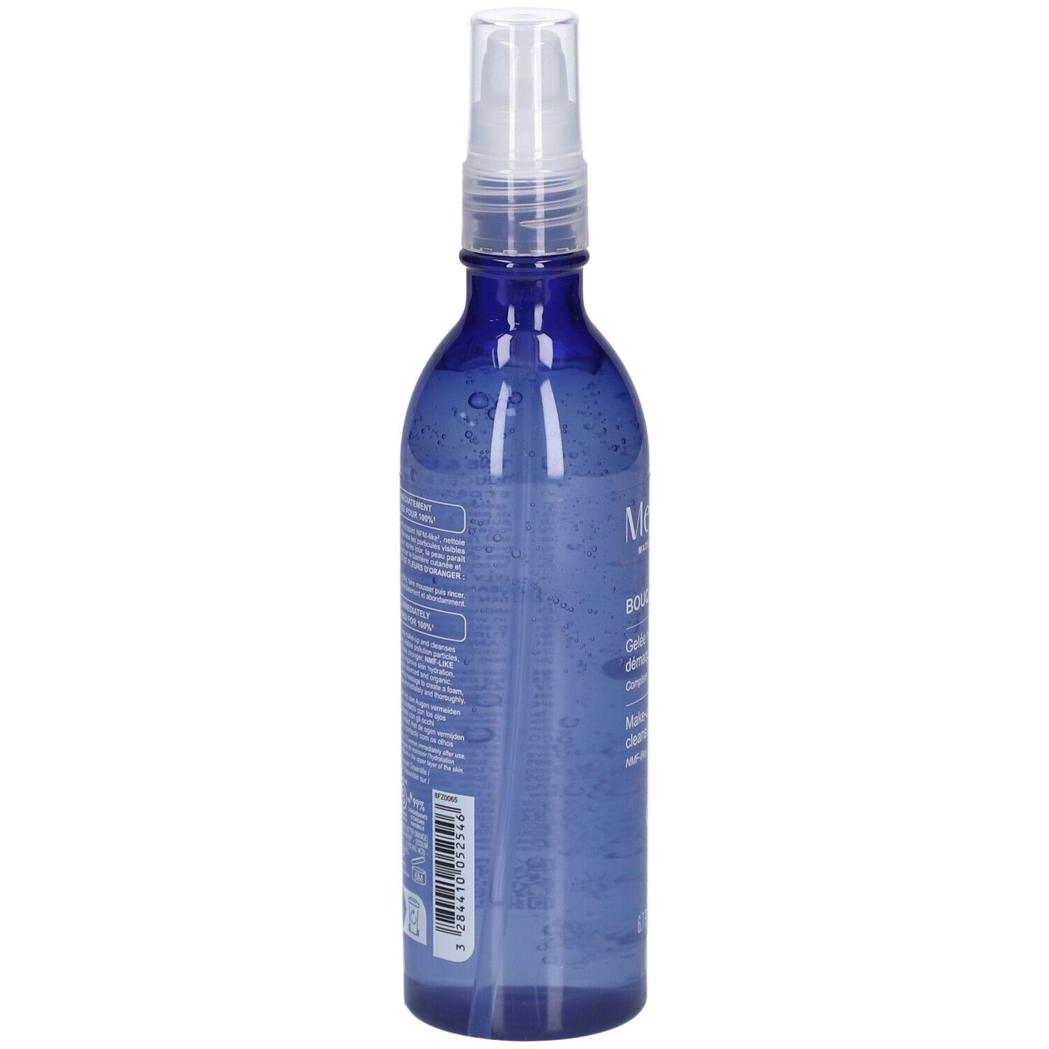Blaue Flasche mit Sprühkopf. Rückseite mit Text. Aufschrift: MELVITA, Bouquet Floral, Reinigungsgelée Démaquillante, Make-up remover cleansing jelly.