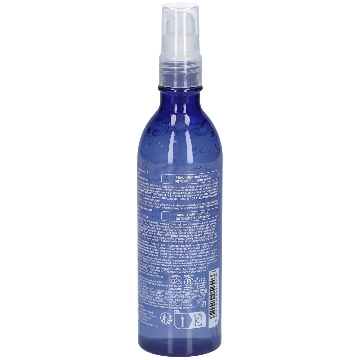 Blaue Flasche mit Sprühkopf. Rückseite mit Text. Aufschrift: MELVITA, Bouquet Floral, Reinigungsgelée Démaquillante, Make-up remover cleansing jelly.