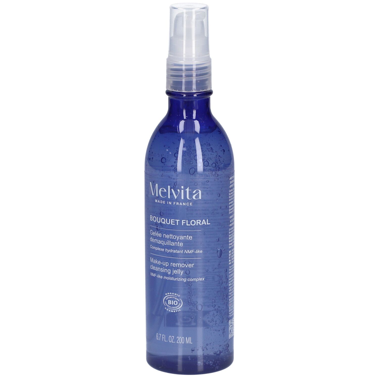 Blaue Flasche mit Sprühkopf. Aufschrift: MELVITA, Bouquet Floral, Reinigungsgelée Démaquillante, Make-up remover cleansing jelly.