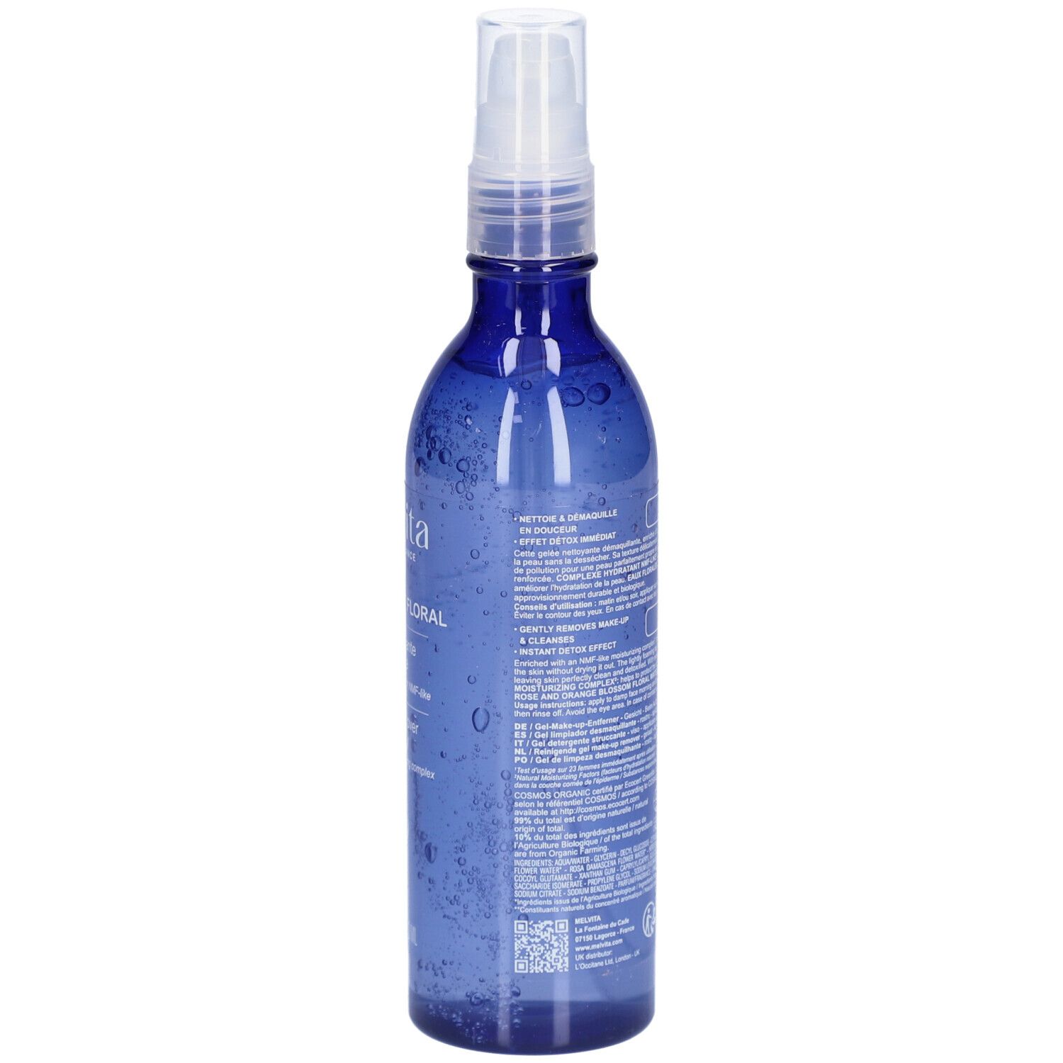Blaue Flasche mit Sprühkopf. Rückseite mit Text. Aufschrift: MELVITA, Bouquet Floral, Reinigungsgelée Démaquillante, Make-up remover cleansing jelly.
